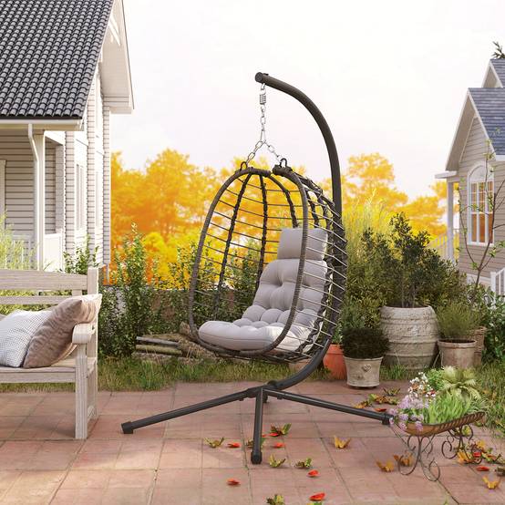 Fauteuil œuf suspendu pliable Résine tressée Intérieur & jardin Hauteur réglable Gris - ComfortXL Outdoor Living - Image 10