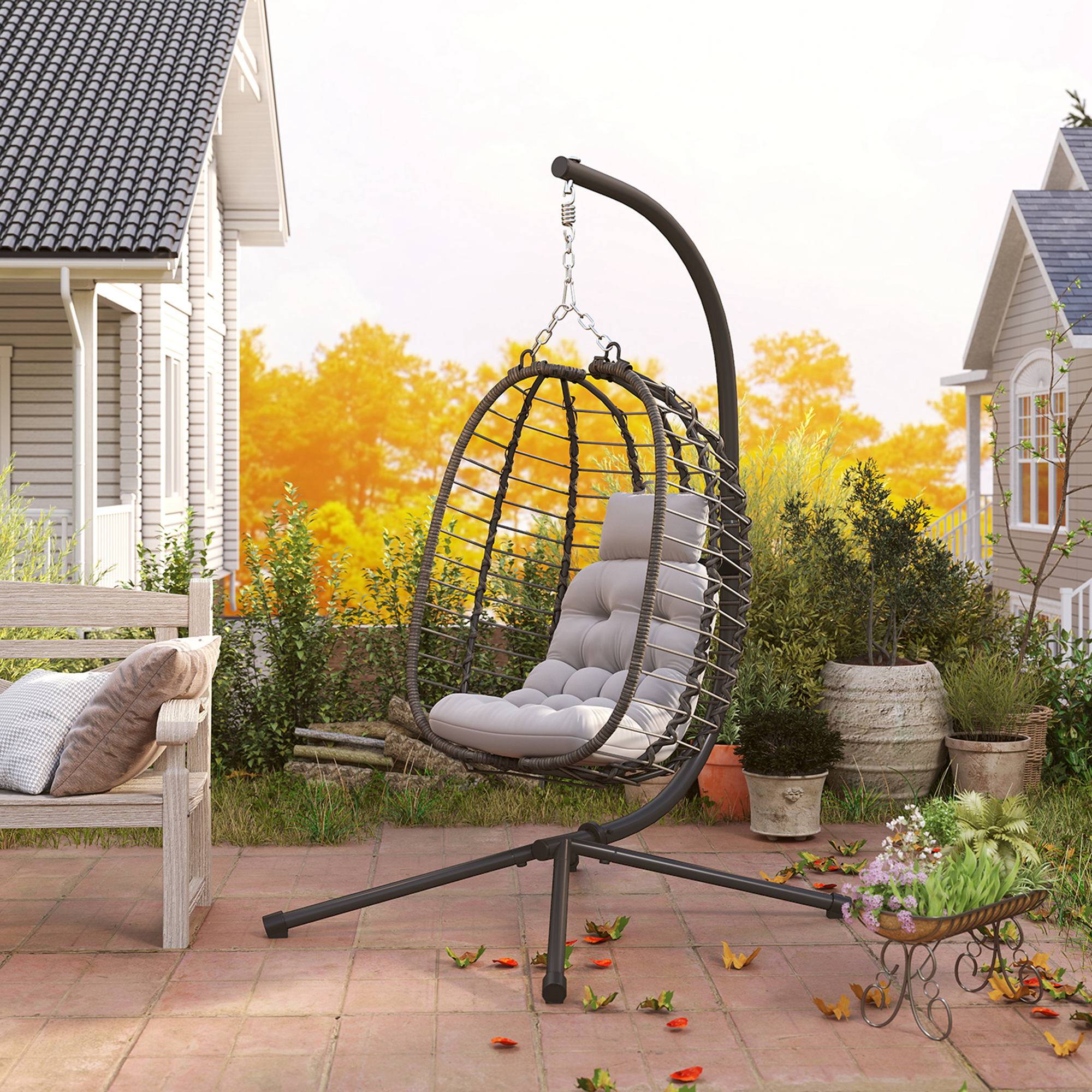 Fauteuil œuf suspendu pliable Résine tressée Intérieur & jardin Hauteur réglable Gris - ComfortXL Outdoor Living - Image 10
