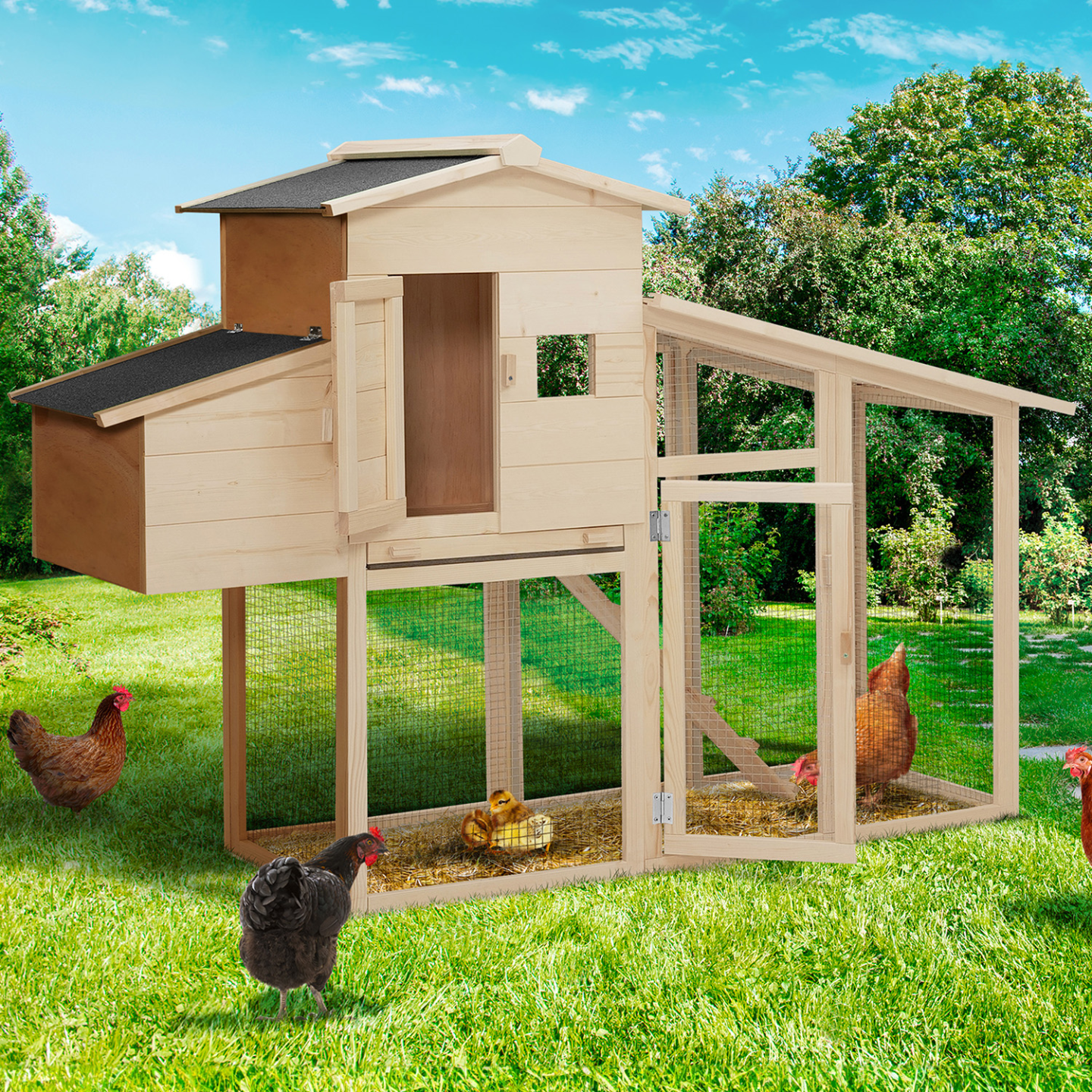 Poulailler bois Comfort avec pondoir, toit bitumé étanche et perchoir intérieur – ID Market - Image 1
