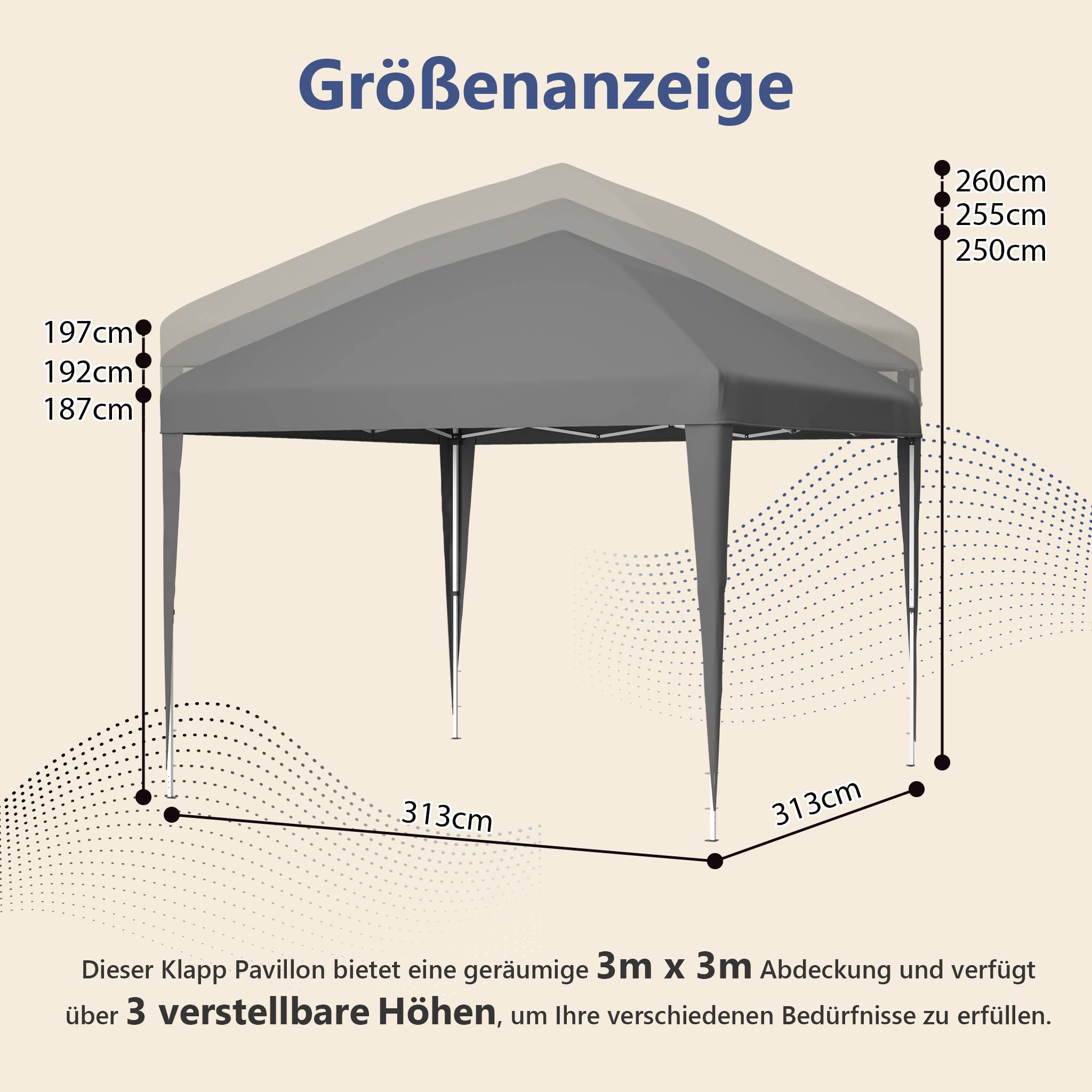 Tonnelle Pliante 3x3m Pavillon de Jardin Pop-up Imperméable Réglable Acier Gris + Sac - ComfortXL Outdoor Living - Image 3