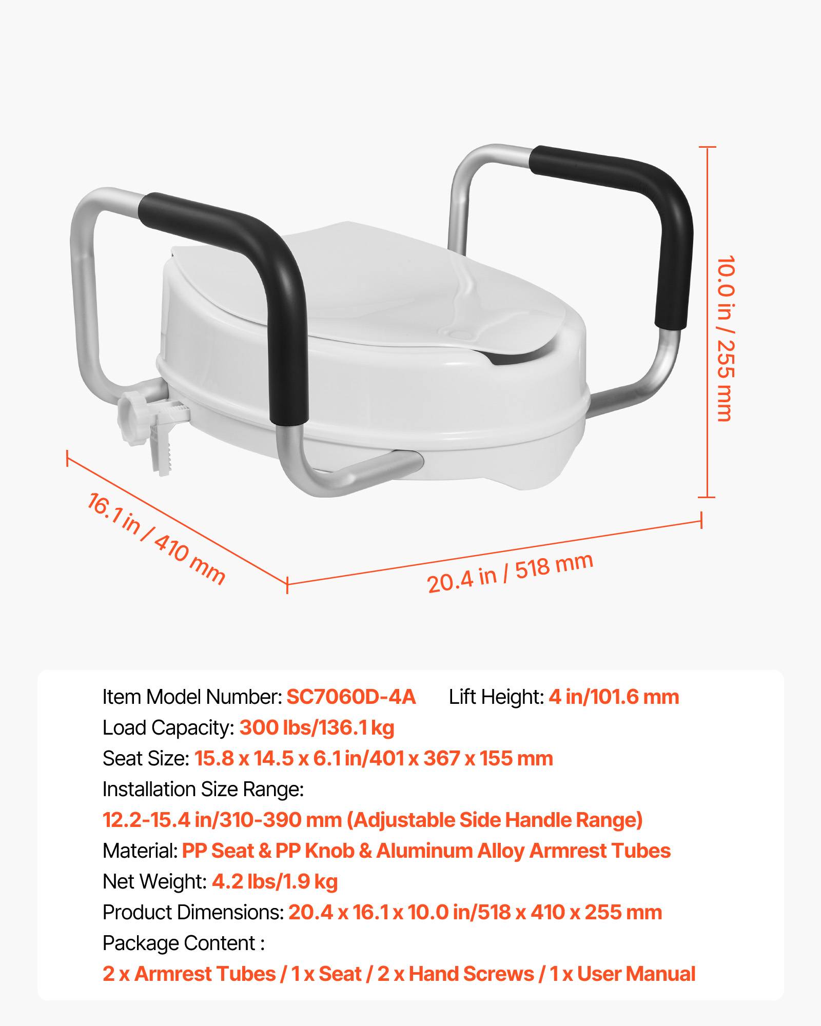 Vevor - VEVOR Rehausseur de Toilette avec Accoudoirs Levage de 10,16 cm Charge 136,1 kg - Image 7