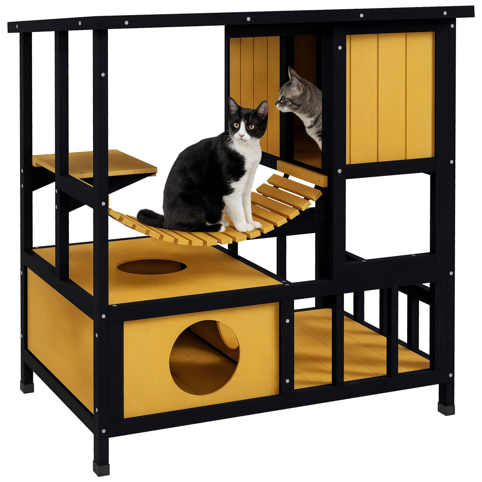 Sans Marque - Maison chat chatte résistante intempéries, 1 rampe, 1 plateforme, 84,5x60x88cm, Vert+Naturel - Image 1