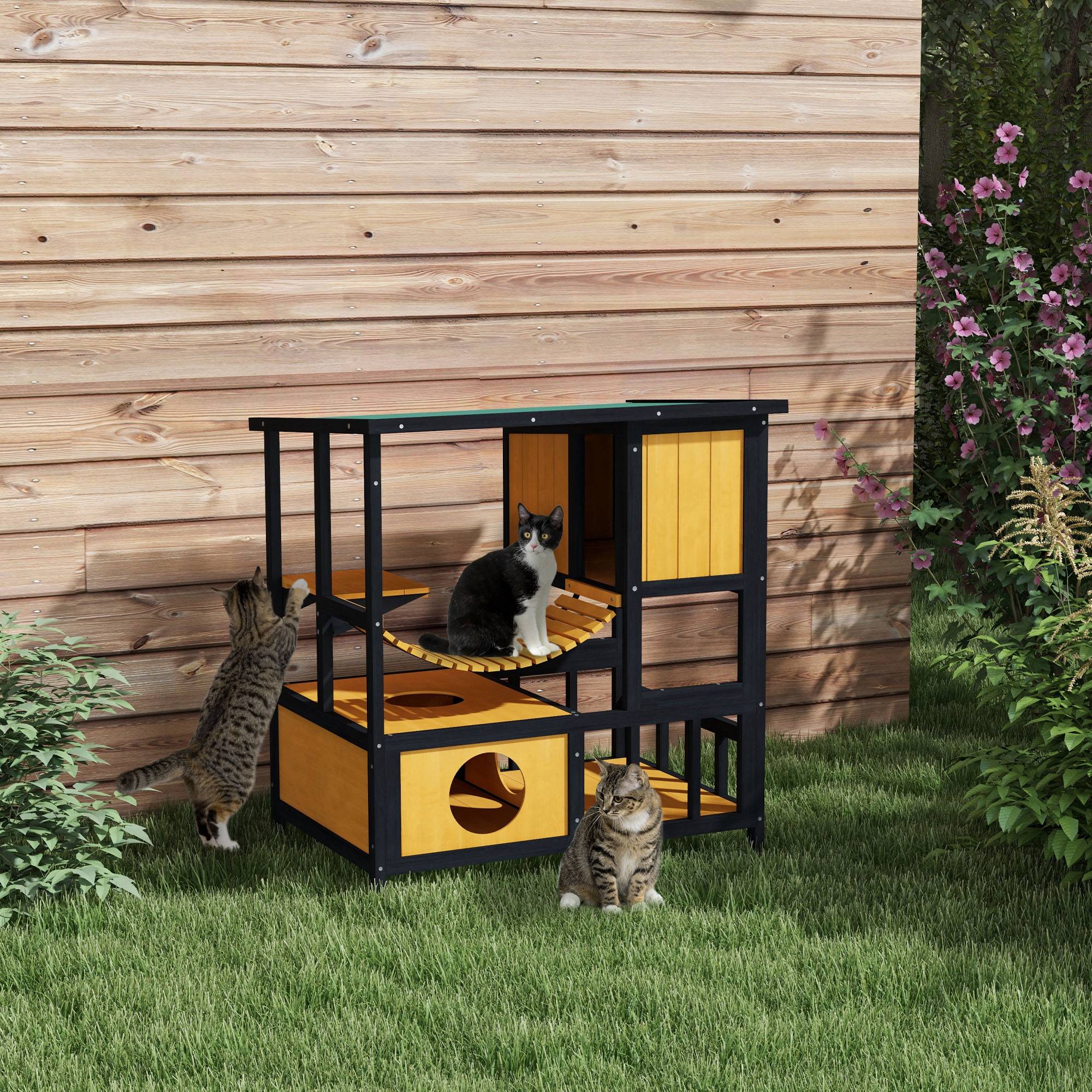 Sans Marque - Maison chat chatte résistante intempéries, 1 rampe, 1 plateforme, 84,5x60x88cm, Vert+Naturel - Image 3