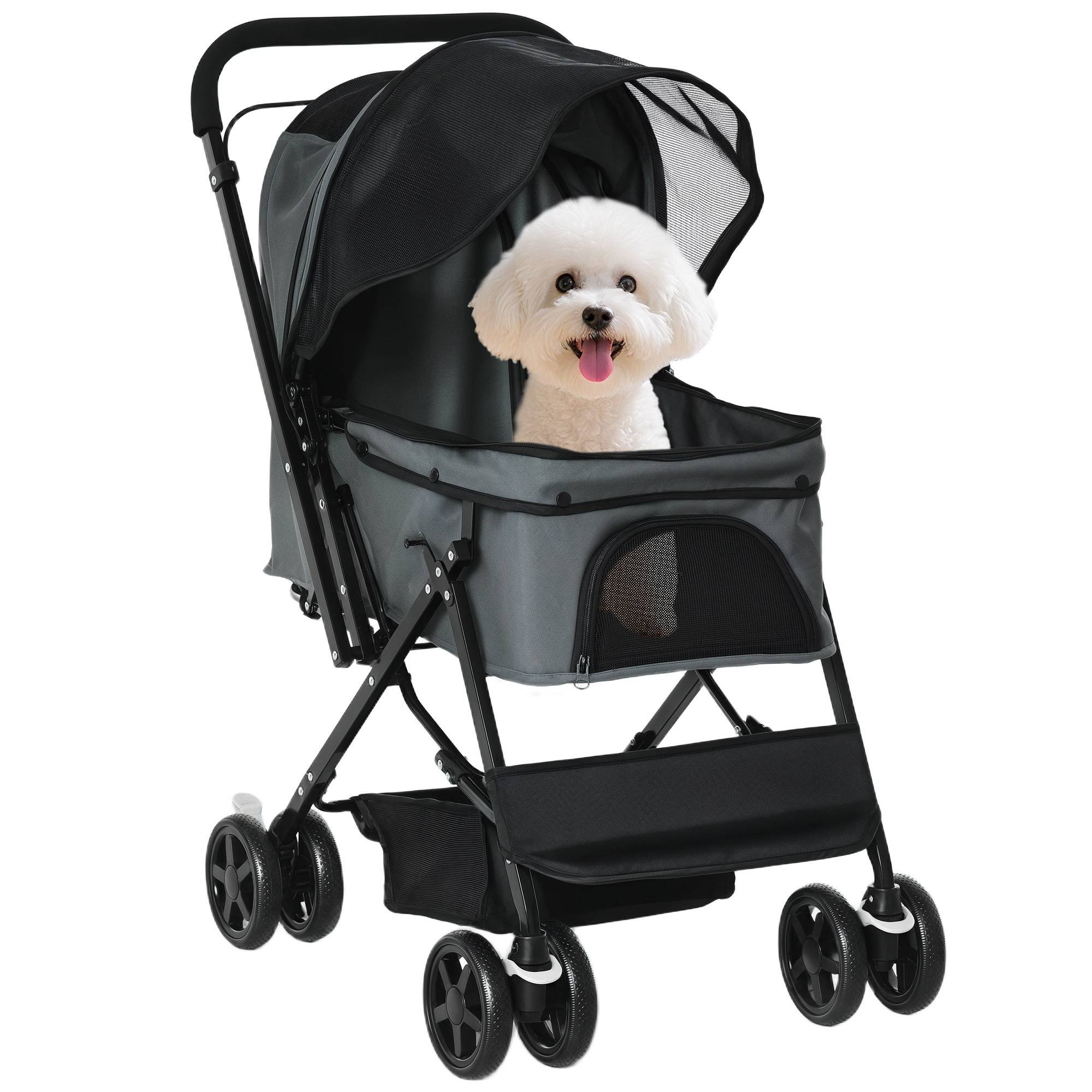 Poussette pliable pour chien avec poignée réversible, fenêtre en filet et panier de rangement, 76,5 x 52 x 95 cm, grise - Image 1