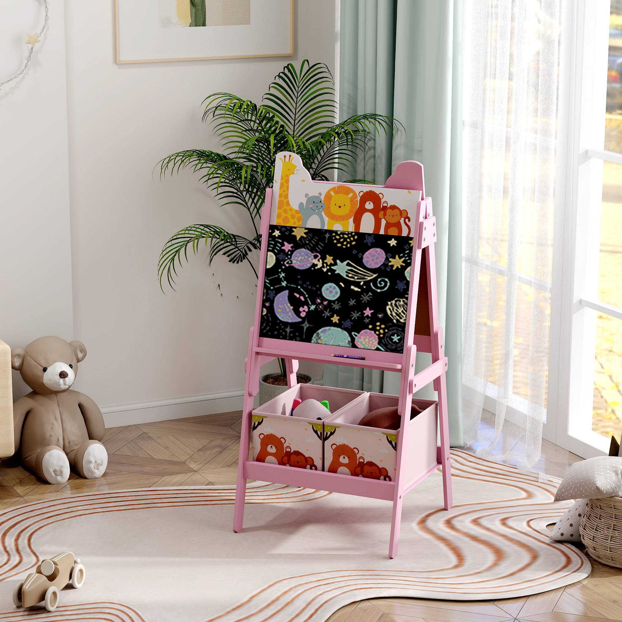 Tableau enfant chevalet enfant double face 2 boîtes de rangement pour enfants 3 - 8 ans 49 x 53,5 x 113 cm rose - Image 4