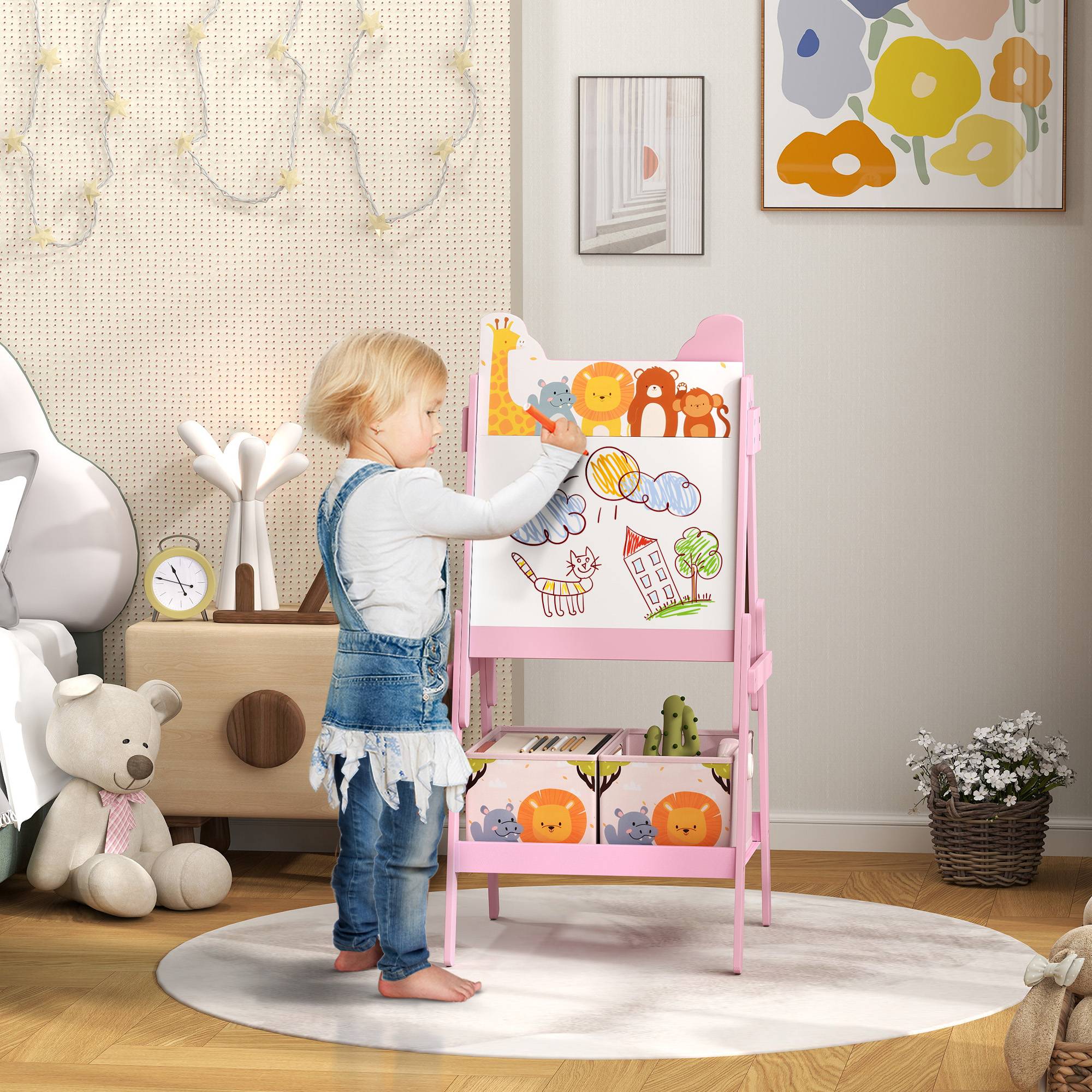 Tableau enfant chevalet enfant double face 2 boîtes de rangement pour enfants 3 - 8 ans 49 x 53,5 x 113 cm rose - Image 3