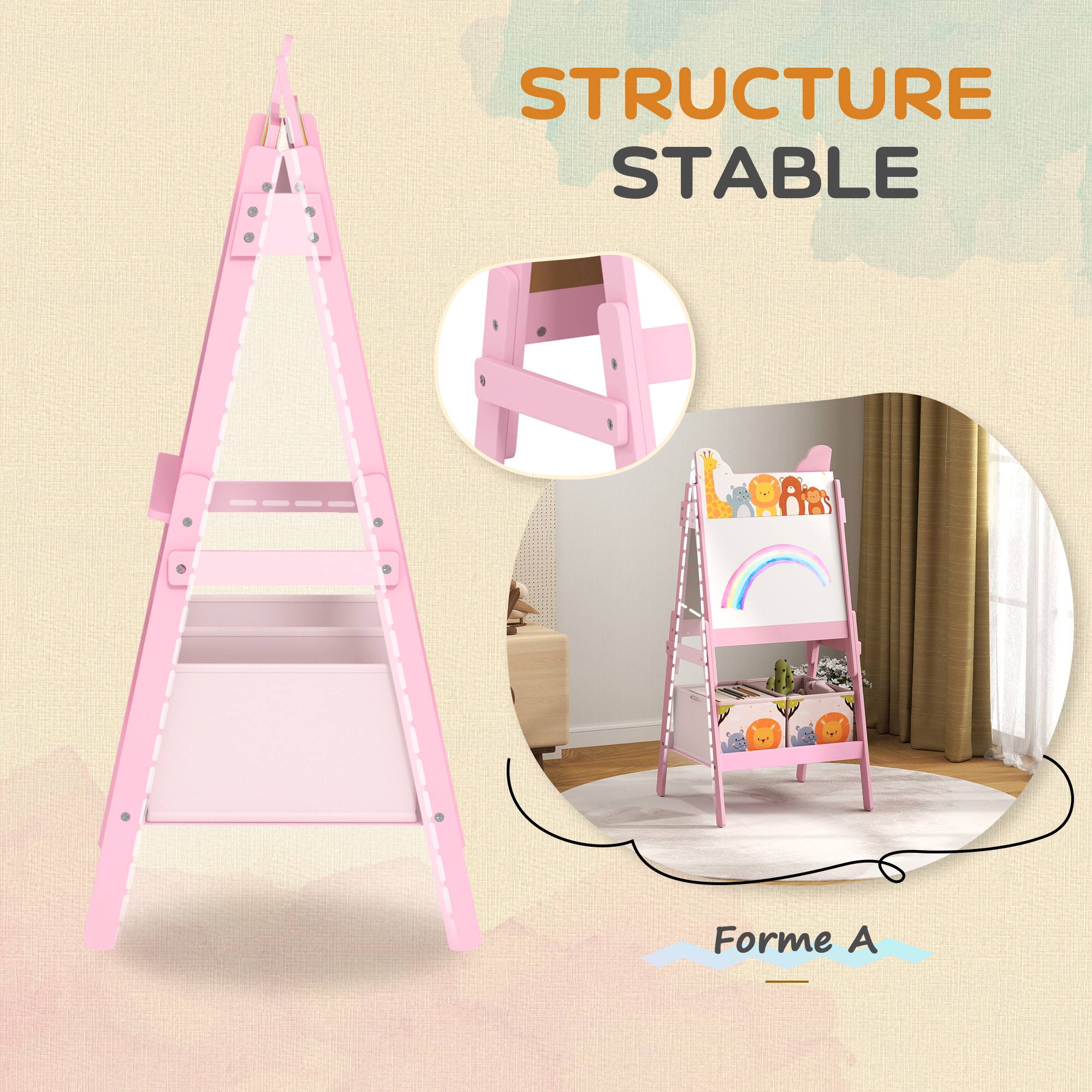 Tableau enfant chevalet enfant double face 2 boîtes de rangement pour enfants 3 - 8 ans 49 x 53,5 x 113 cm rose - Image 9
