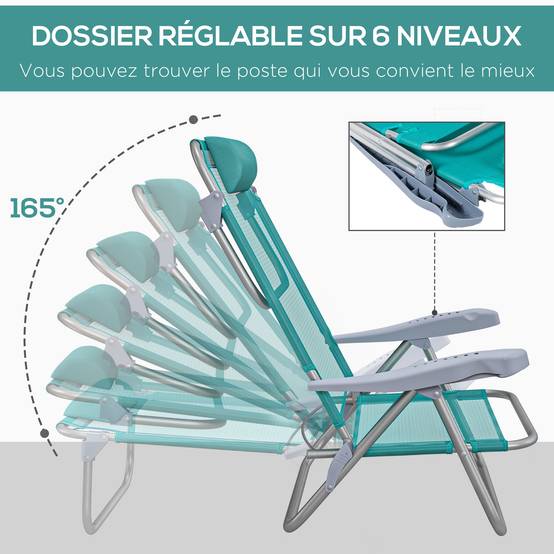 Lot 2 chaises de pêche pliables aluminium camping plage dossier inclinable vert - ComfortXL Outdoor Living - Image 7