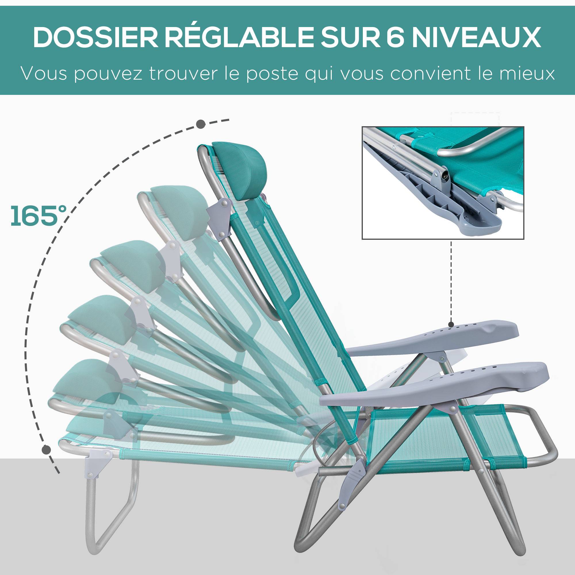 Lot 2 chaises de pêche pliables aluminium camping plage dossier inclinable vert - ComfortXL Outdoor Living - Image 7