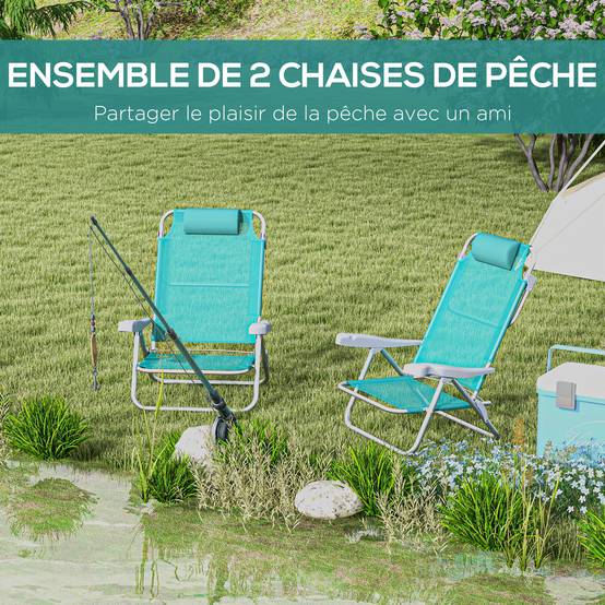 Lot 2 chaises de pêche pliables aluminium camping plage dossier inclinable vert - ComfortXL Outdoor Living - Image 6