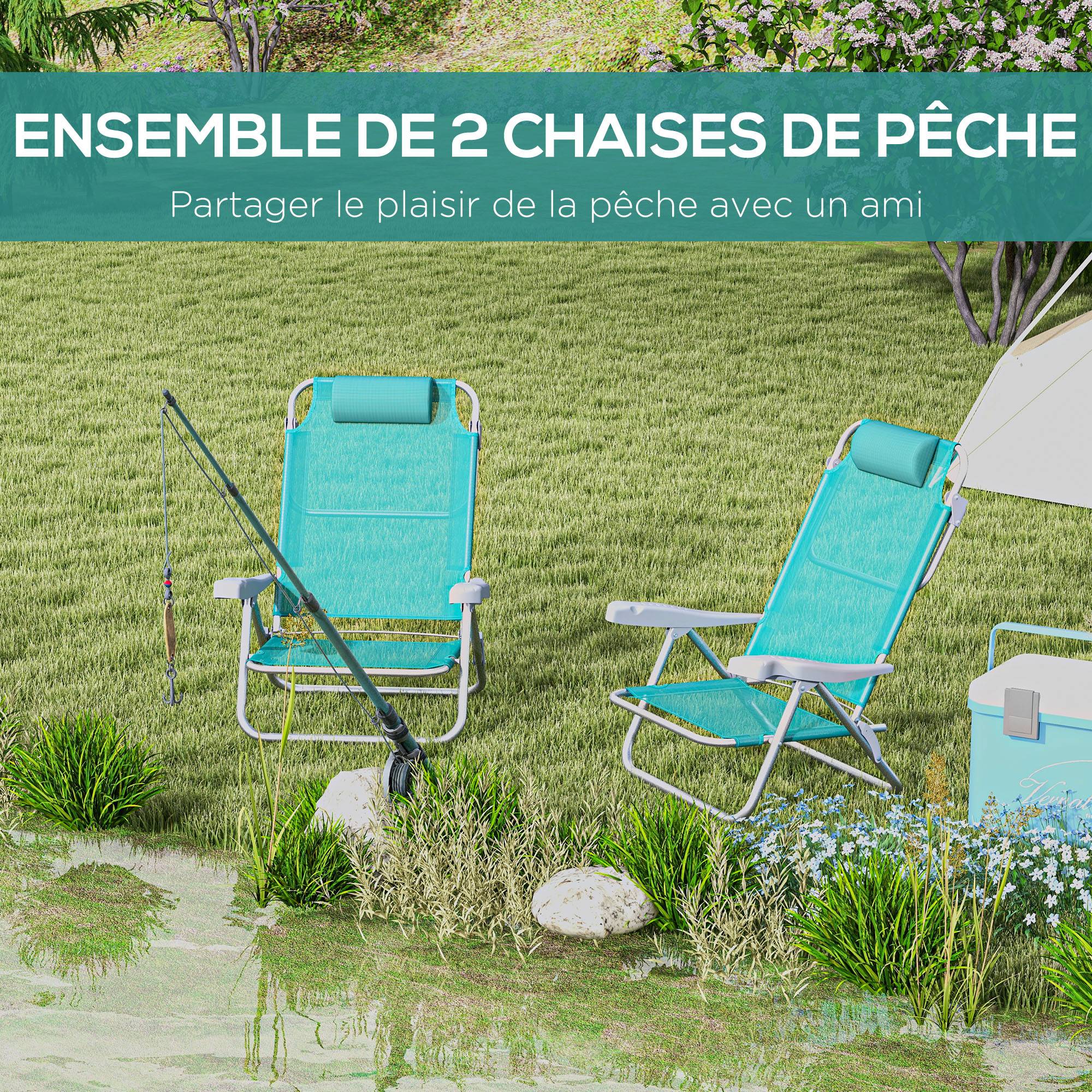 Lot 2 chaises de pêche pliables aluminium camping plage dossier inclinable vert - ComfortXL Outdoor Living - Image 6