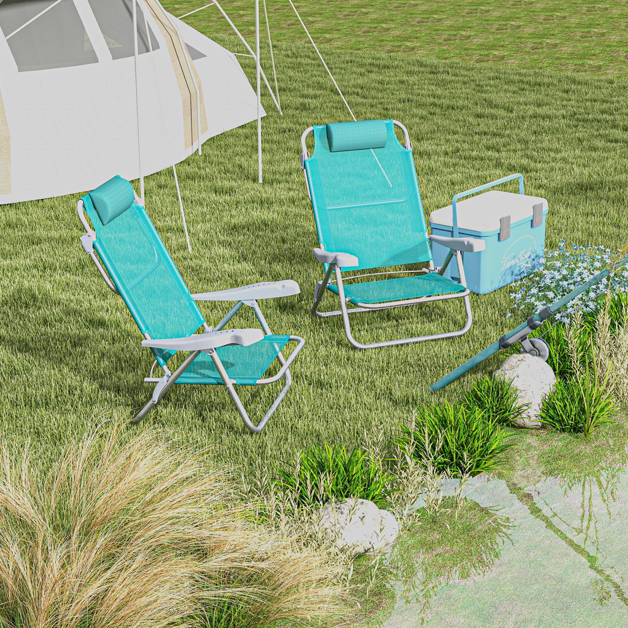 Lot 2 chaises de pêche pliables aluminium camping plage dossier inclinable vert - ComfortXL Outdoor Living - Image 3