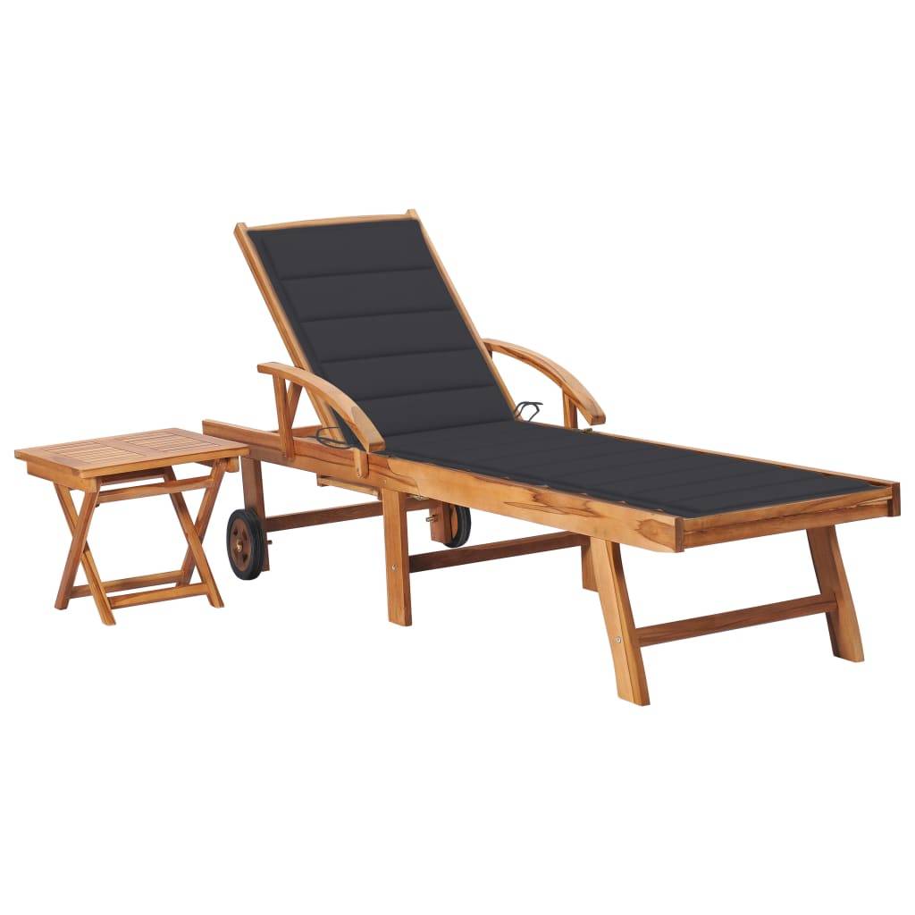 Helloshop26 - Transat chaise longue bain de soleil lit de jardin terrasse meuble d'extérieur avec table et coussin bois de teck solide - Image 1