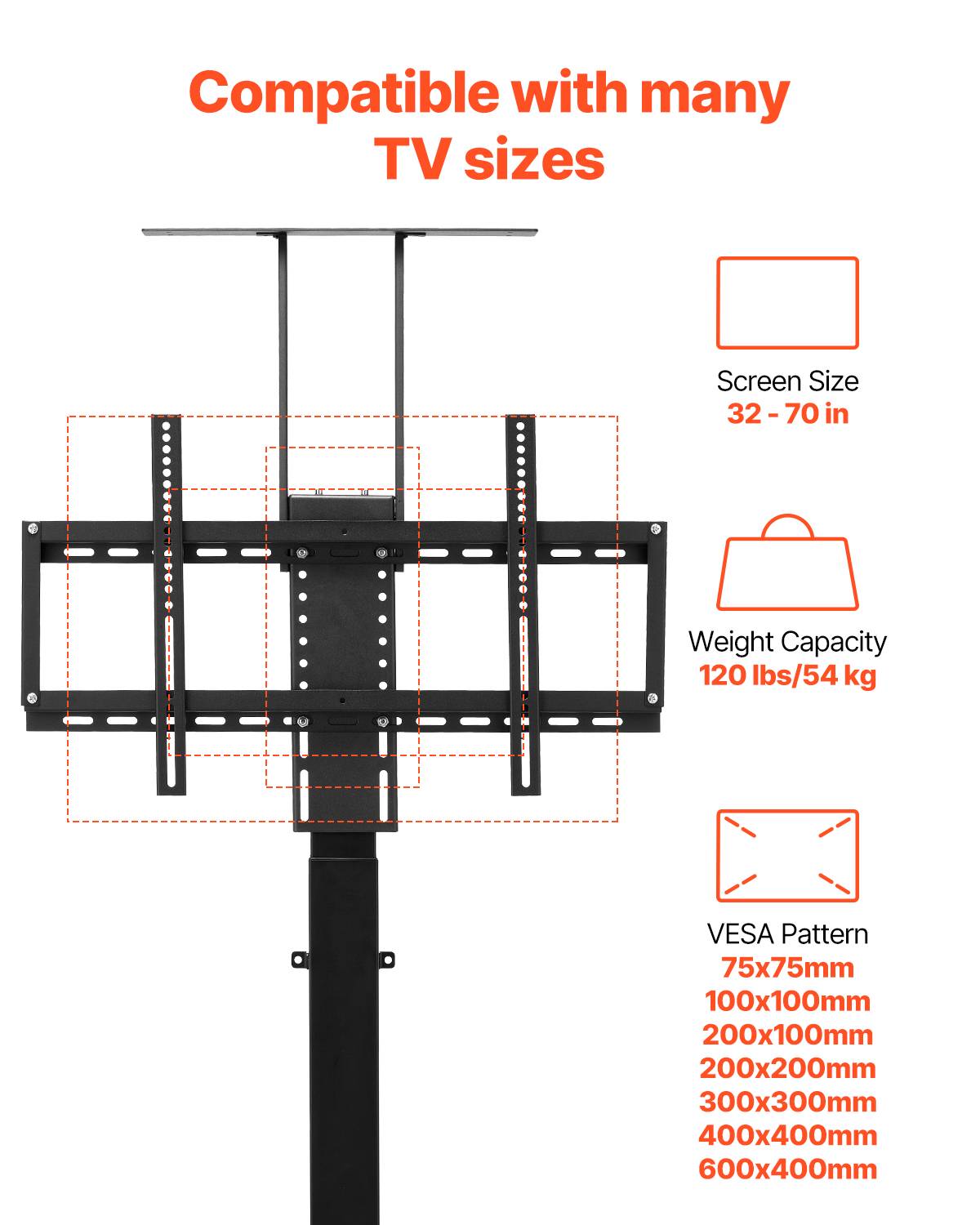 VEVOR Support TV motorisé 32-70", réglable verticalement, charge 54kg, télécommande, VESA 600x400mm. - Image 3