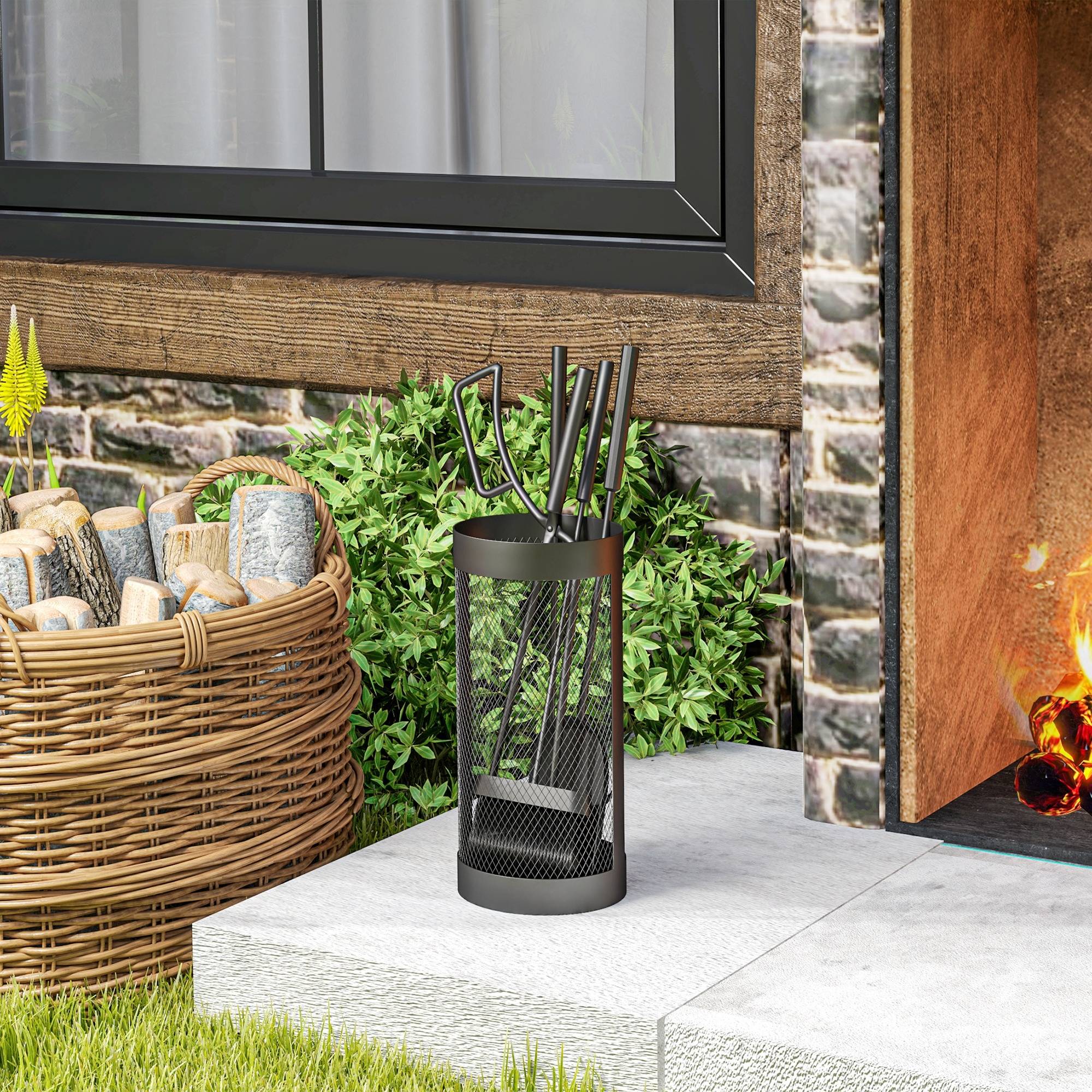 ComfortXL - Serviteur de cheminée 5 pièces en métal noir avec panier Ø 16 cm pour rangement compact des accessoires de foyer - Image 8
