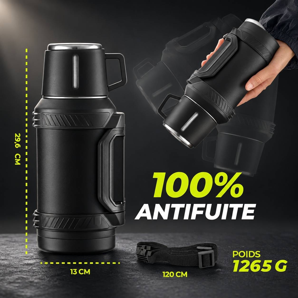 Thermos Isotherme 1,5L Acier Inoxydable 24h Chaud Froid avec Couvercle, Sangle et Filtre à Thé - Image 2