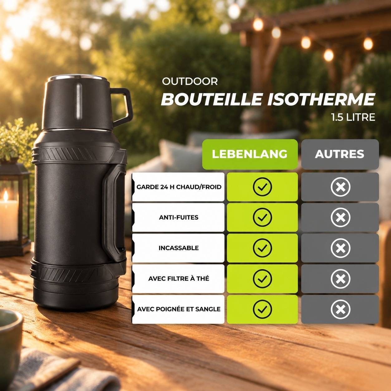 Thermos Isotherme 1,5L Acier Inoxydable 24h Chaud Froid avec Couvercle, Sangle et Filtre à Thé - Image 5