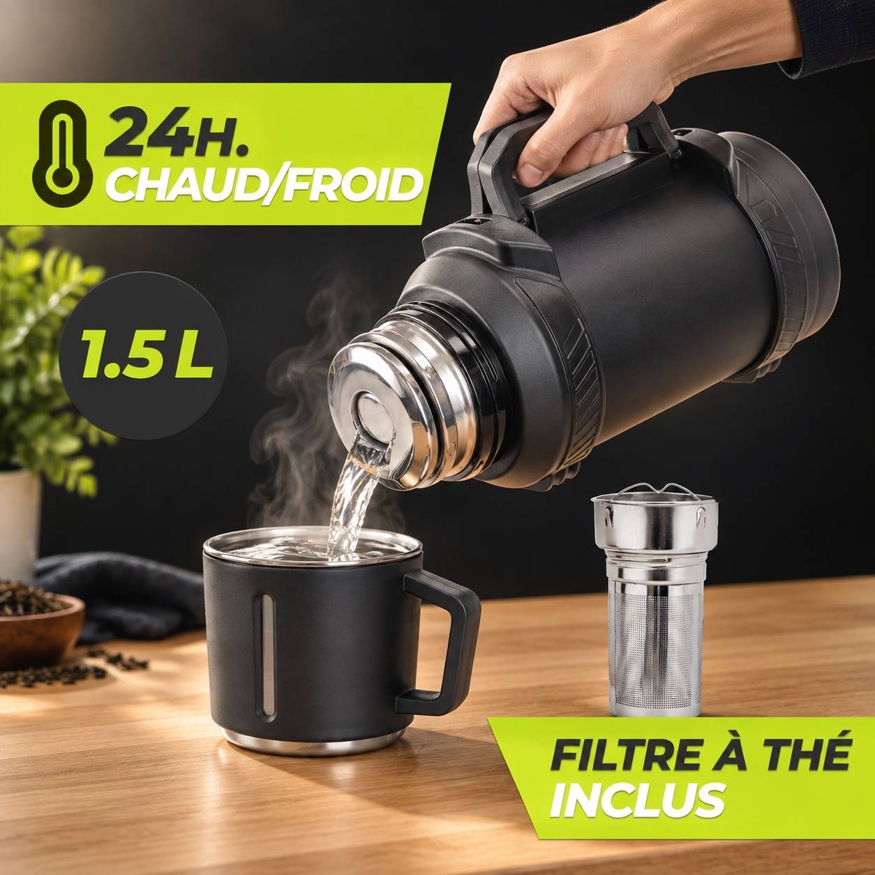 Thermos Isotherme 1,5L Acier Inoxydable 24h Chaud Froid avec Couvercle, Sangle et Filtre à Thé - Image 3