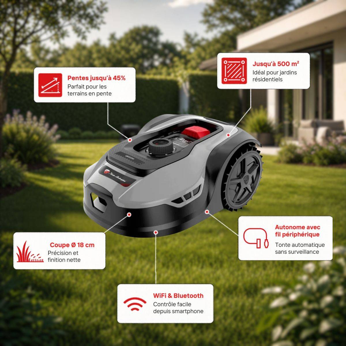Robot Tondeuse Sans fil 500m2 Installation facile 3 lames Mulching Coupe Ø18cm 45% Retour à la base Autonome LAMBORGHINI - Image 2