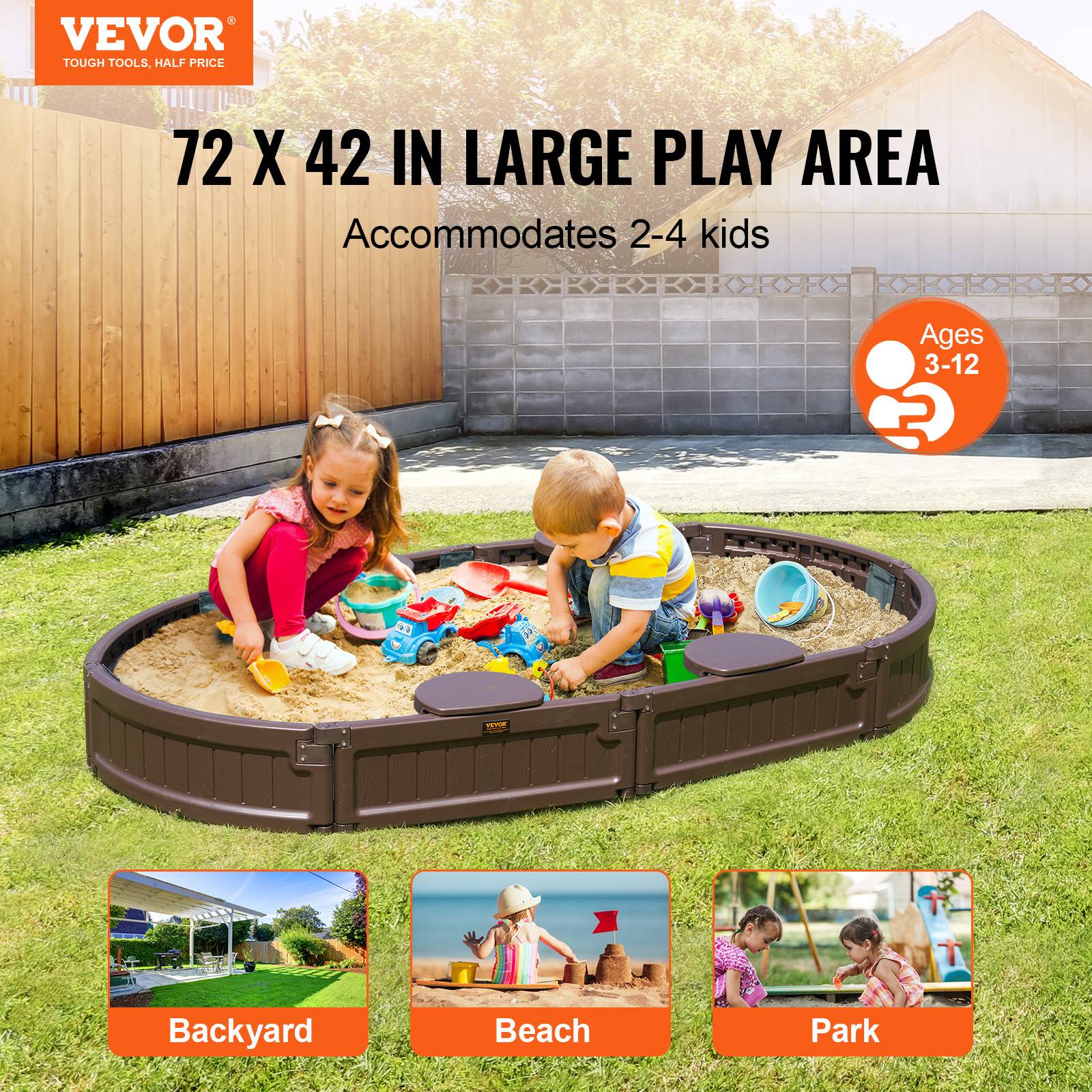 VEVOR Bac sable couvercle ovale PEHD, 1830x1055x230 mm. 4 sièges angle, pour jardin. - Image 2