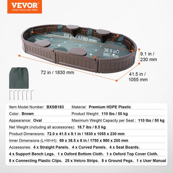 VEVOR Bac sable couvercle ovale PEHD, 1830x1055x230 mm. 4 sièges angle, pour jardin. - Image 7