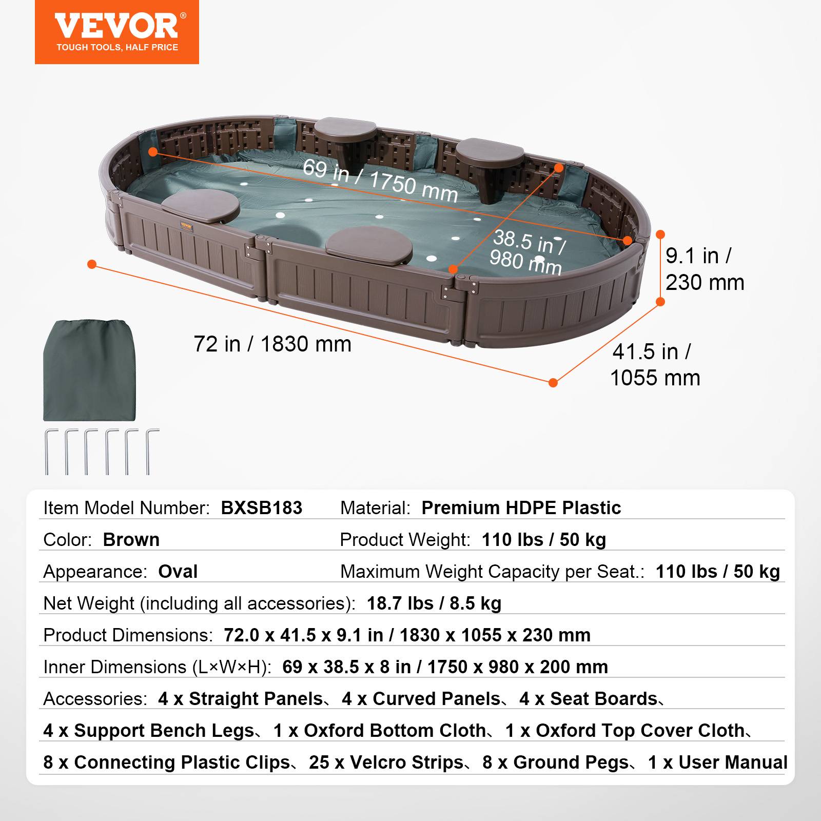 VEVOR Bac sable couvercle ovale PEHD, 1830x1055x230 mm. 4 sièges angle, pour jardin. - Image 7
