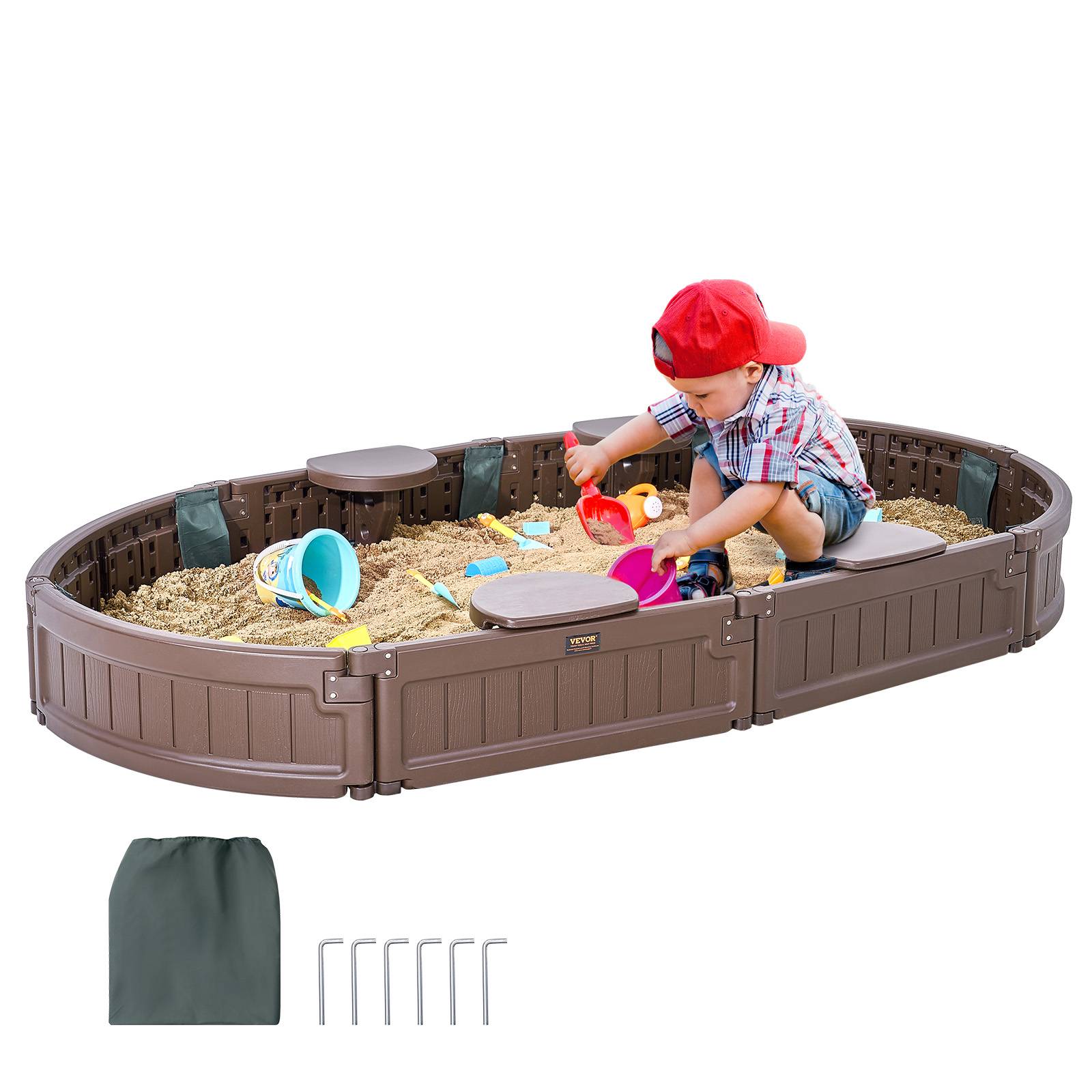 VEVOR Bac sable couvercle ovale PEHD, 1830x1055x230 mm. 4 sièges angle, pour jardin.