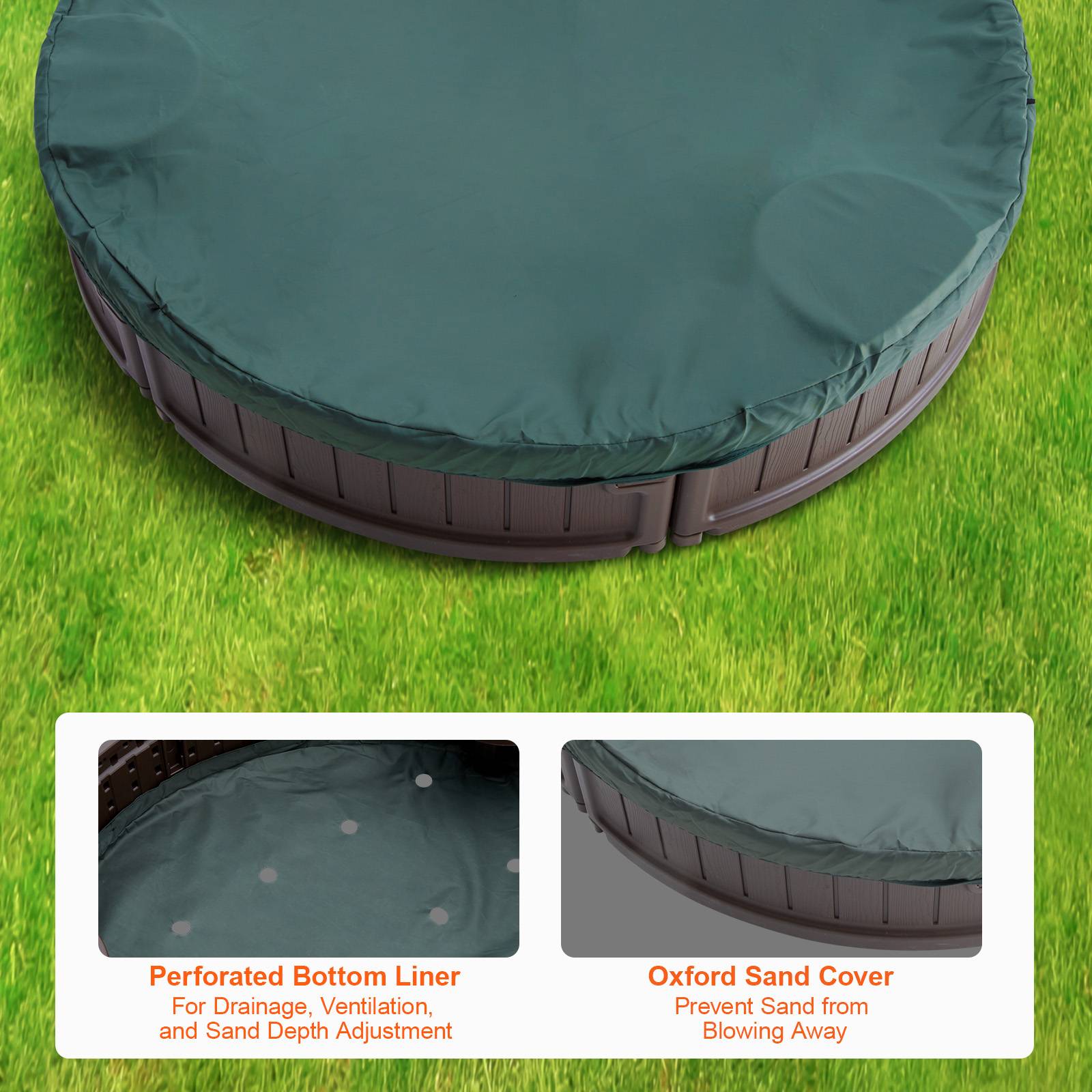 VEVOR Bac sable couvercle ovale PEHD, 1830x1055x230 mm. 4 sièges angle, pour jardin. - Image 5