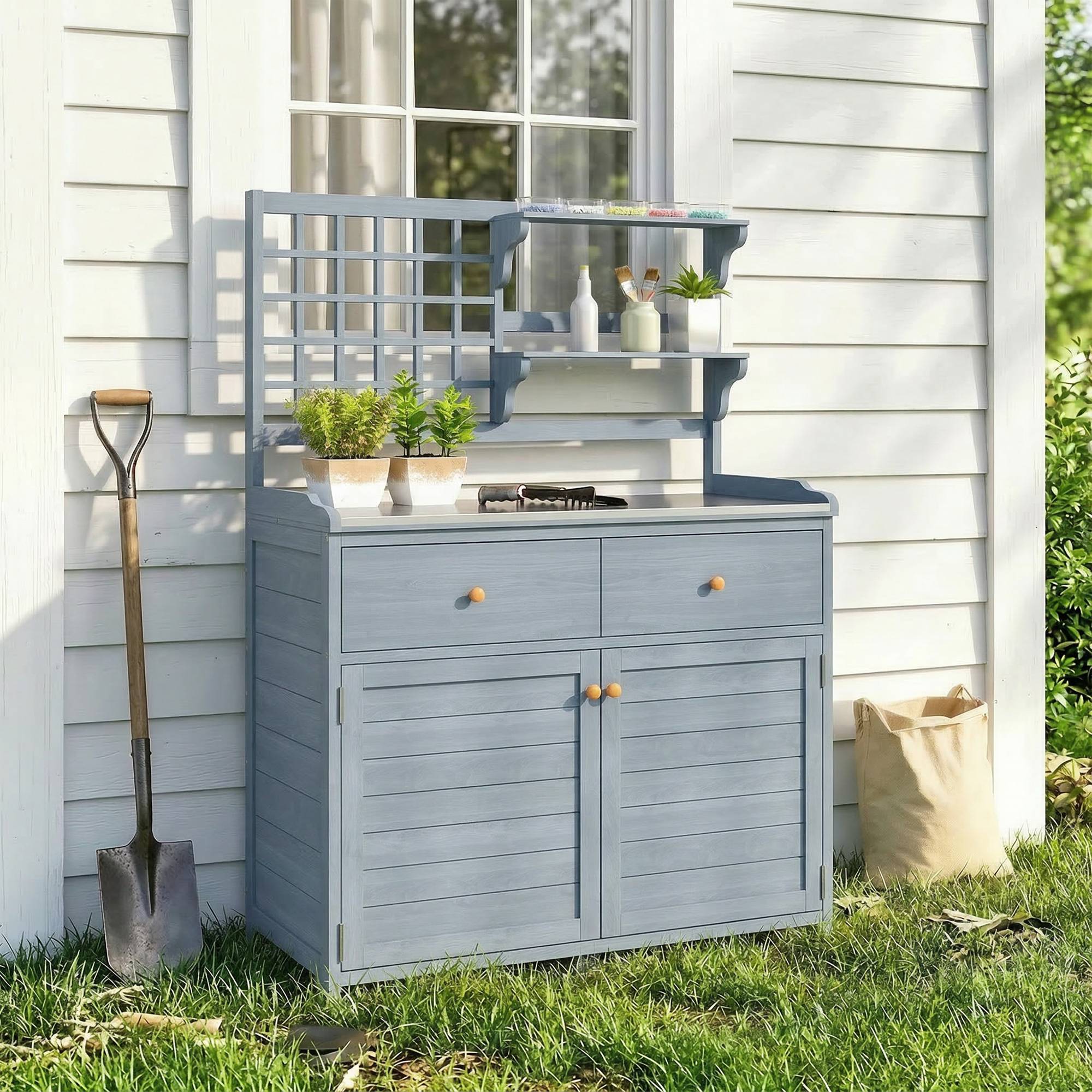 ComfortXL - Table de rempotage en bois de sapin 104 x 44 x 140 cm gris clair avec plateau galvanisé et rangements - Image 9