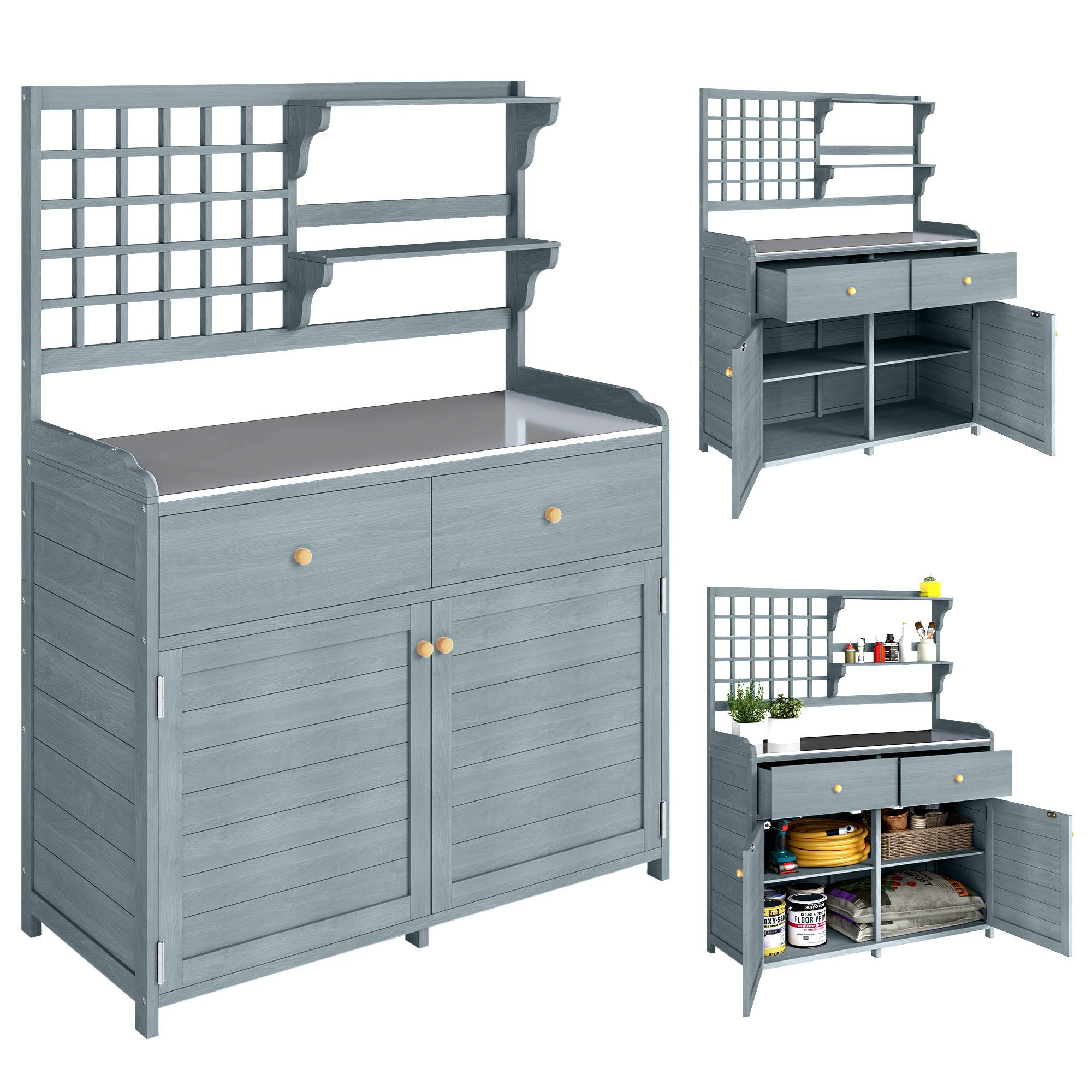 ComfortXL - Table de rempotage en bois de sapin 104 x 44 x 140 cm gris clair avec plateau galvanisé et rangements - Image 2