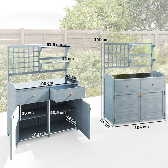 ComfortXL - Table de rempotage en bois de sapin 104 x 44 x 140 cm gris clair avec plateau galvanisé et rangements - Image 3