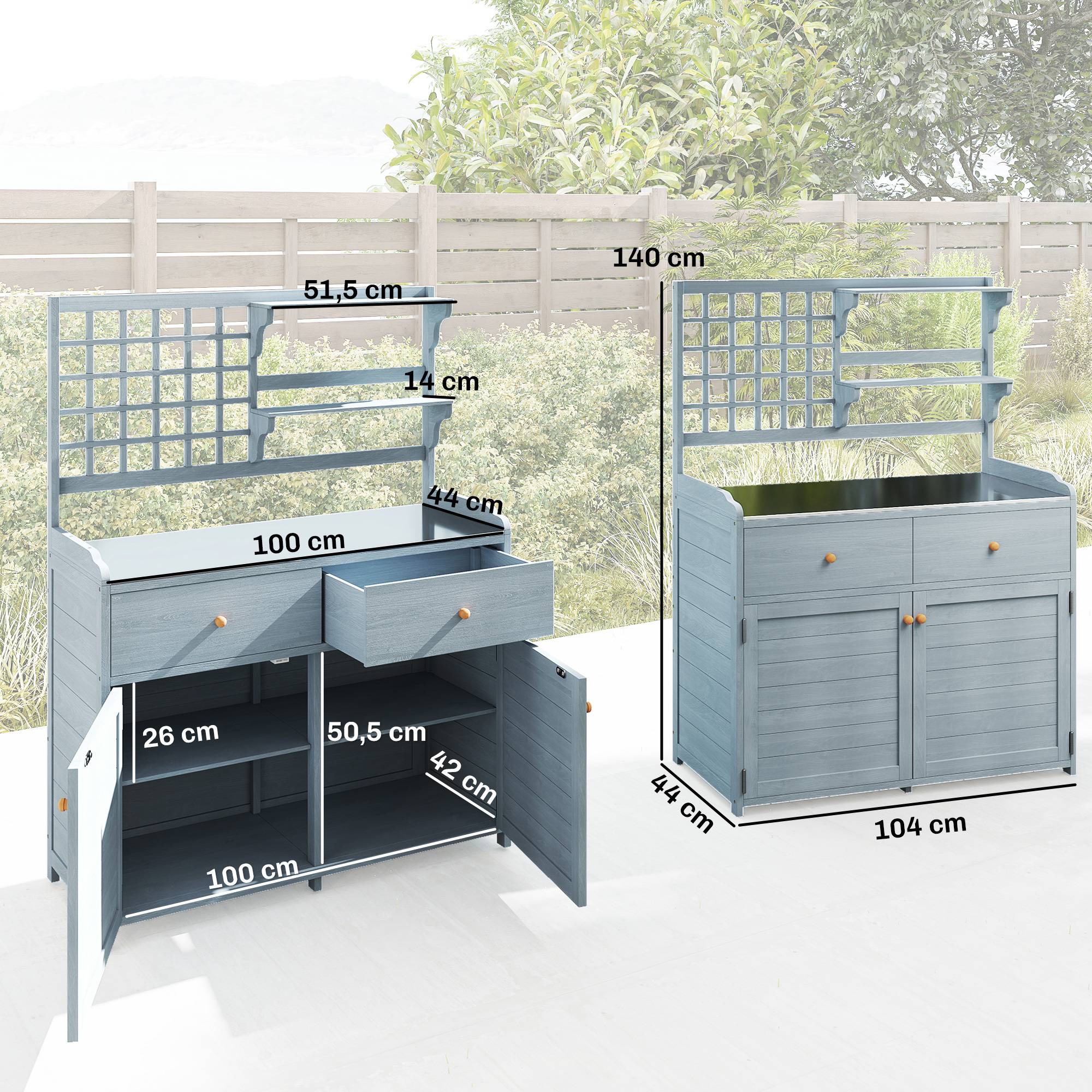 ComfortXL - Table de rempotage en bois de sapin 104 x 44 x 140 cm gris clair avec plateau galvanisé et rangements - Image 3