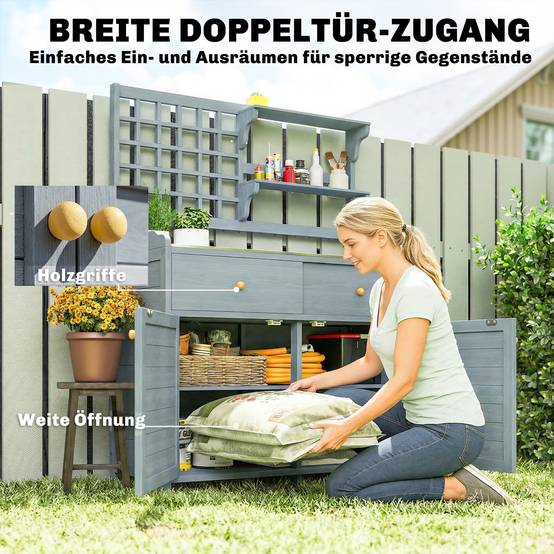 ComfortXL - Table de rempotage en bois de sapin 104 x 44 x 140 cm gris clair avec plateau galvanisé et rangements - Image 7