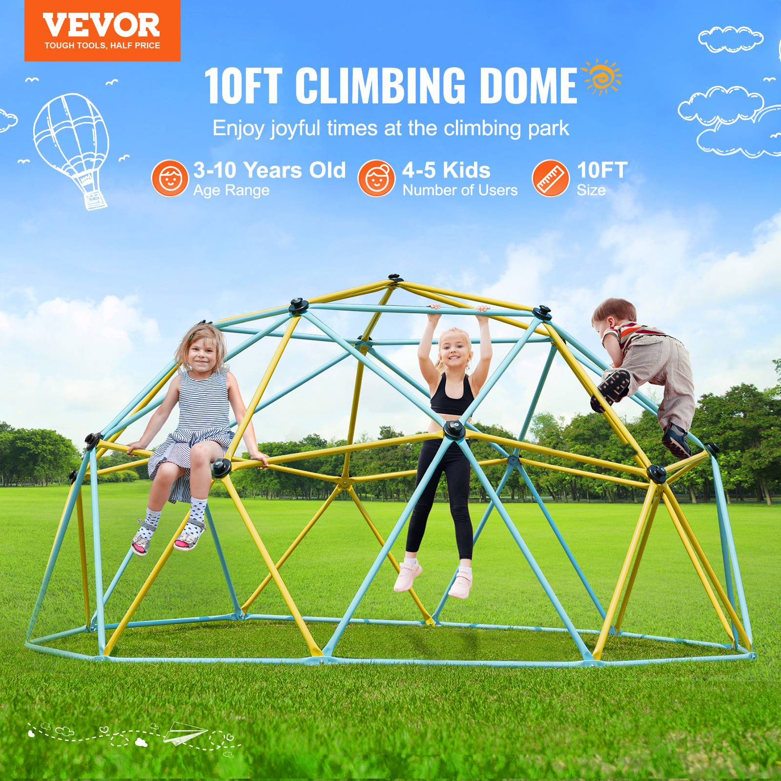 Vevor - VEVOR Dôme d'escalade géométrique pour enfants 3-10 ans, 305cm, support 340kg, poignées, intérieur/extérieur. - Image 2