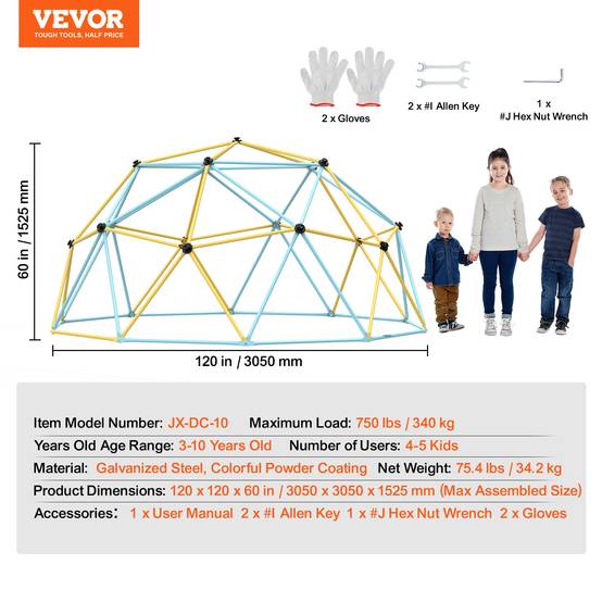 Vevor - VEVOR Dôme d'escalade géométrique pour enfants 3-10 ans, 305cm, support 340kg, poignées, intérieur/extérieur. - Image 7