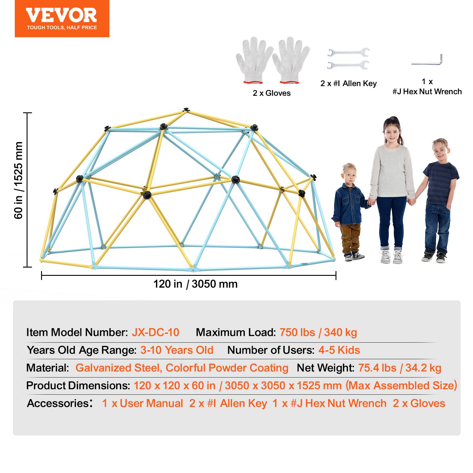 Vevor - VEVOR Dôme d'escalade géométrique pour enfants 3-10 ans, 305cm, support 340kg, poignées, intérieur/extérieur. - Image 7