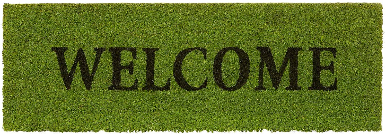 Paillasson long fibre de coco tapis de sol dessous caoutchouc antidérapant porte entrée jardin terrasse garage welcome 75 x 25 cm vert - Image 1