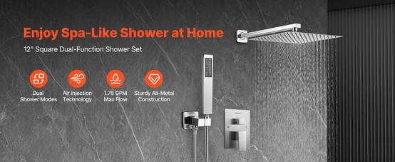 VEVOR Kit de Douche avec Douchette de Tête Carrée 30,5cm et à Main Nickel Brossé - Image 9