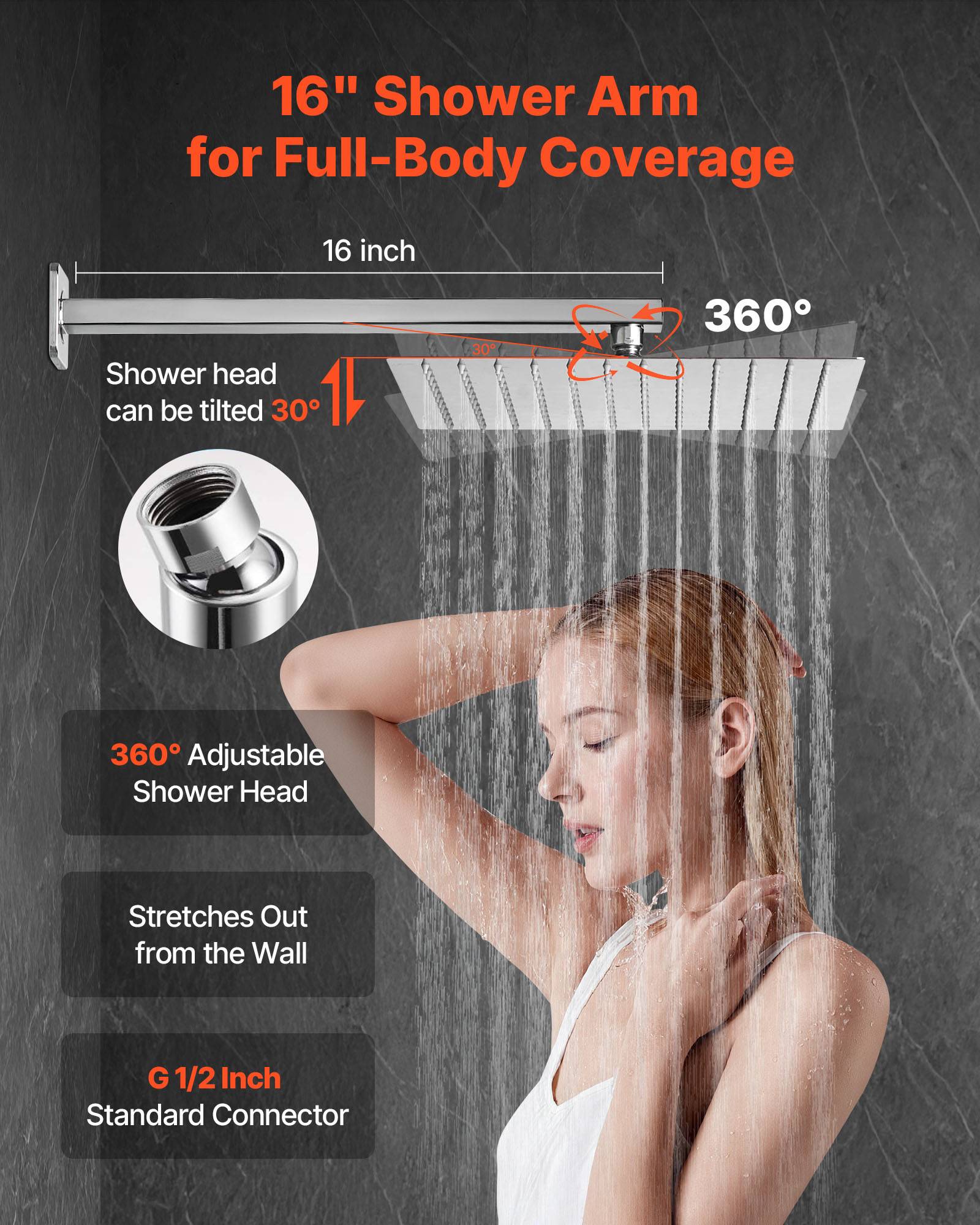 VEVOR Kit de Douche avec Douchette de Tête Carrée 30,5cm et à Main Nickel Brossé - Image 4