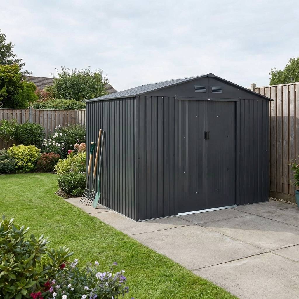 sweeek - Abri de jardin en métal - FLANDRE 8.84m² gris anthracite - Cabane à outils avec deux grandes portes coulissantes. kit de fixation sol inclus. | sweeek - Image 1
