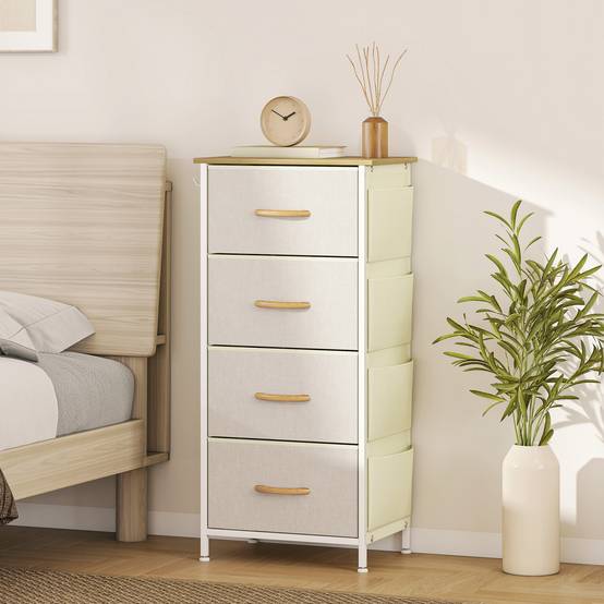 Commode 4 tiroirs tissu avec poches latérales, crochets et structure acier, meuble rangement beige chambre salon bureau moderne - Image 4