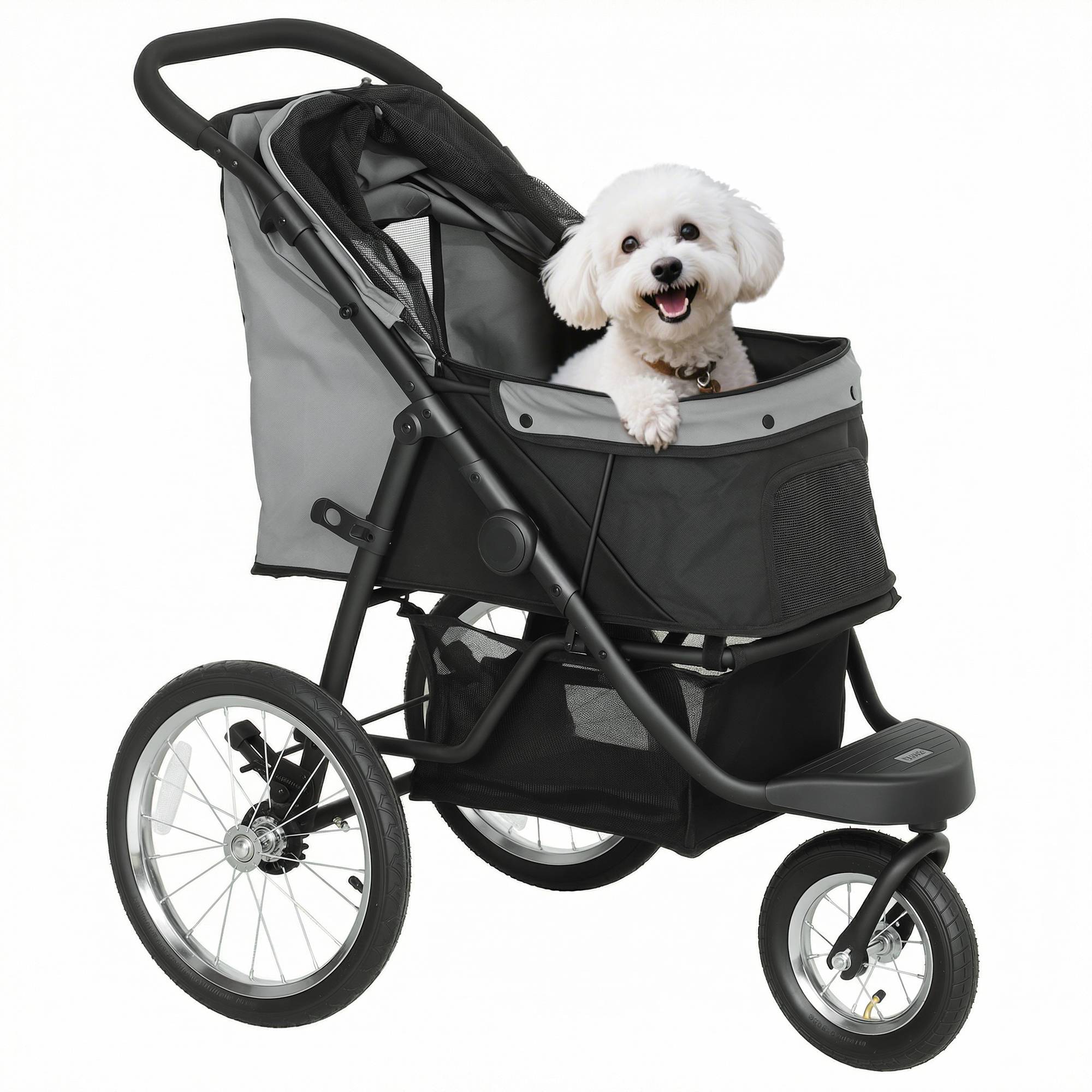Poussette pour chien pliable avec panier de rangement, coussin lavable, roues en caoutchouc et auvent réglable, gris - Image 1