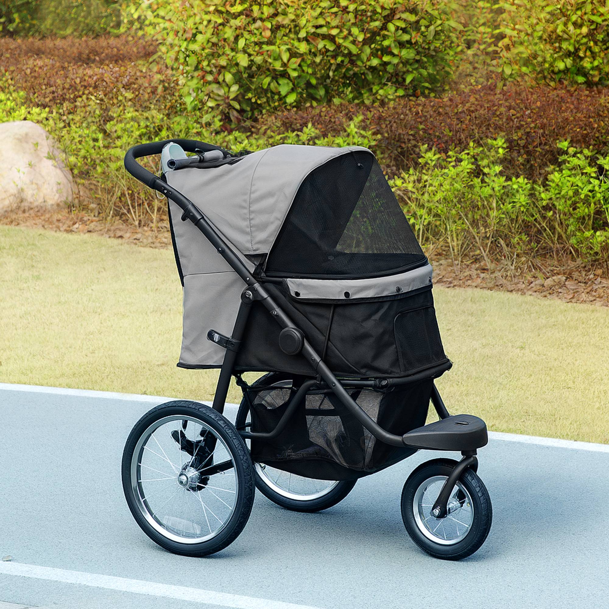 Poussette pour chien pliable avec panier de rangement, coussin lavable, roues en caoutchouc et auvent réglable, gris - Image 4