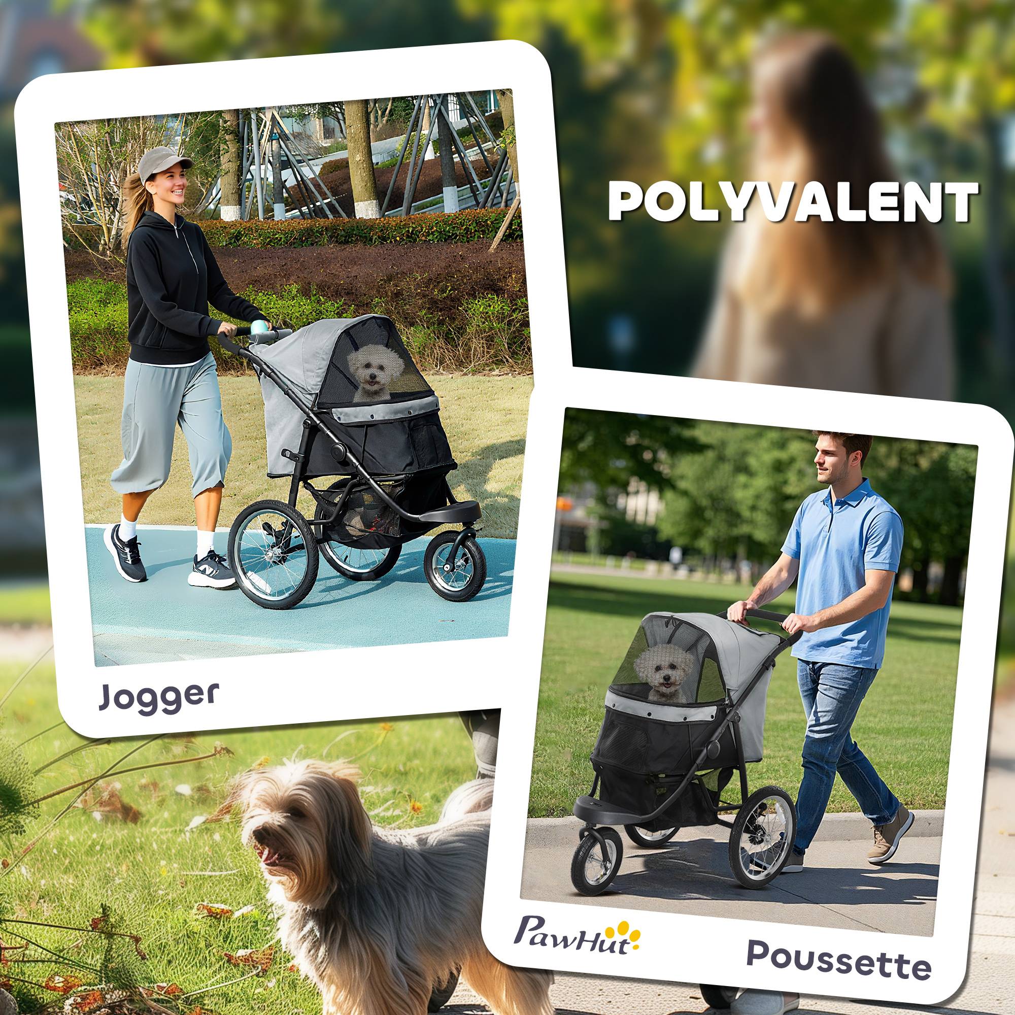 Poussette pour chien pliable avec panier de rangement, coussin lavable, roues en caoutchouc et auvent réglable, gris - Image 6