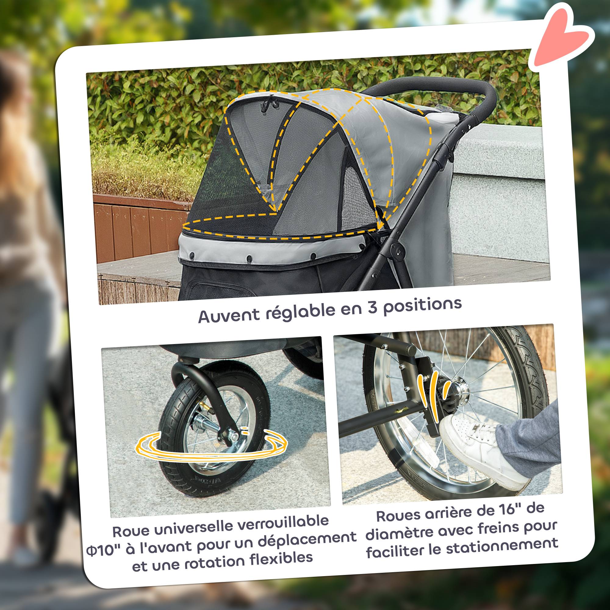 Poussette pour chien pliable avec panier de rangement, coussin lavable, roues en caoutchouc et auvent réglable, gris - Image 8