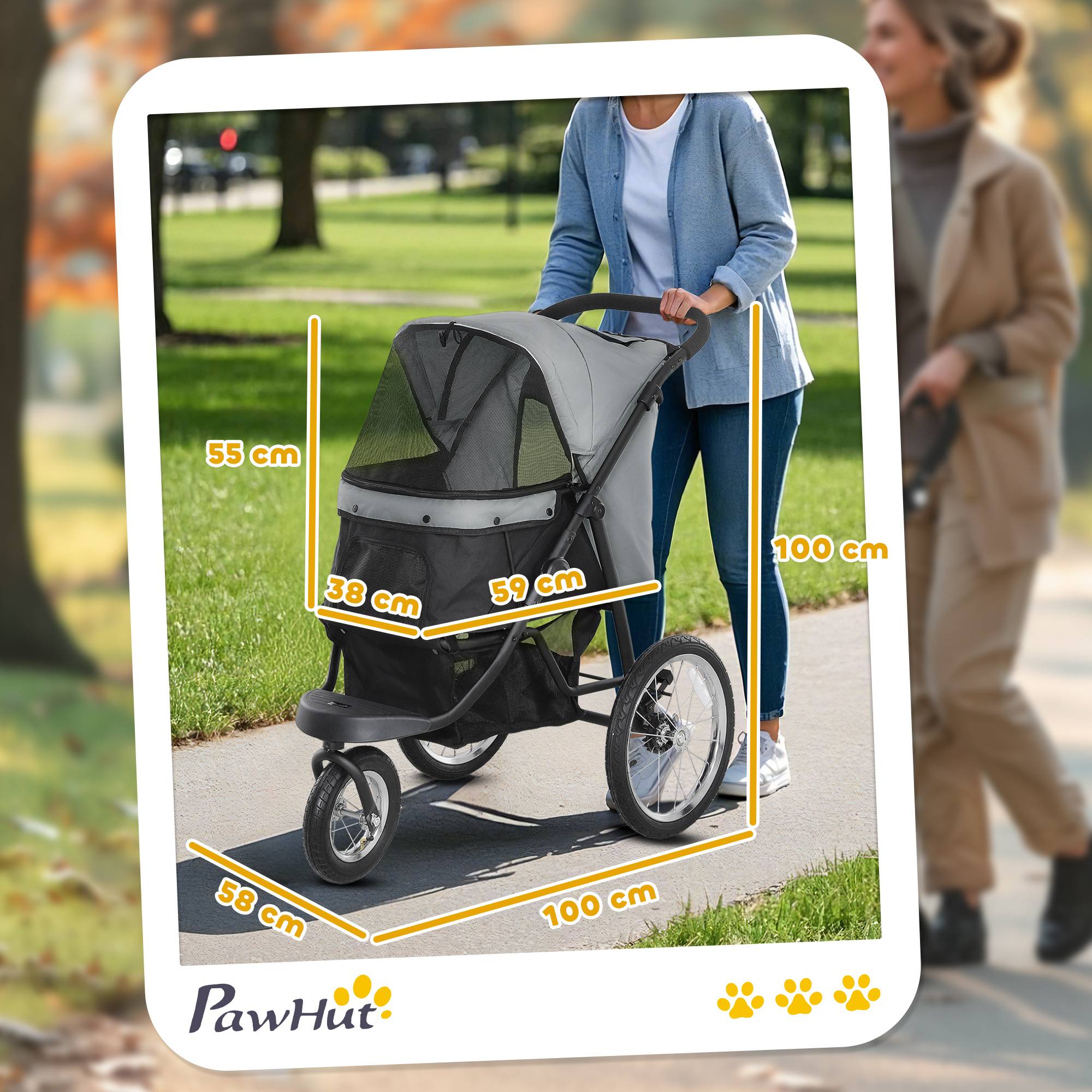 Poussette pour chien pliable avec panier de rangement, coussin lavable, roues en caoutchouc et auvent réglable, gris - Image 5