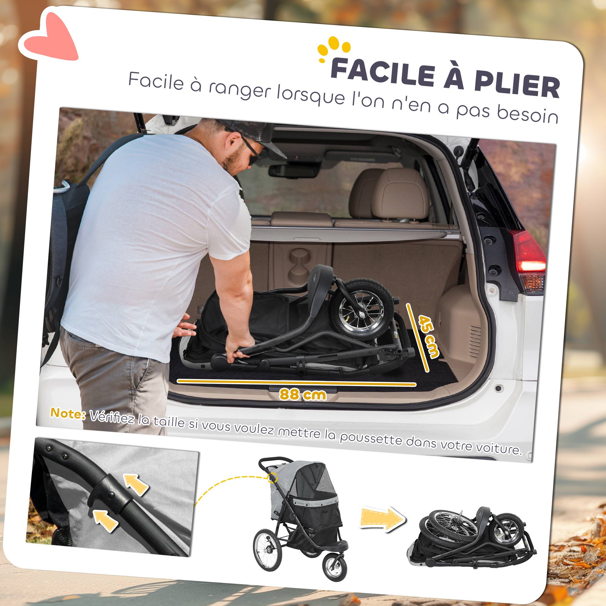 Poussette pour chien pliable avec panier de rangement, coussin lavable, roues en caoutchouc et auvent réglable, gris - Image 9
