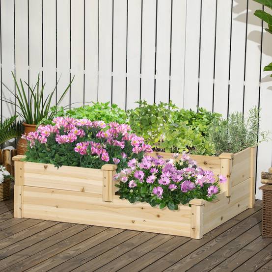 Potager escalier bois sapin jardin 3 bacs culture racines profondes 108x88x36cm naturel - ComfortXL Outdoor Living - Image 4