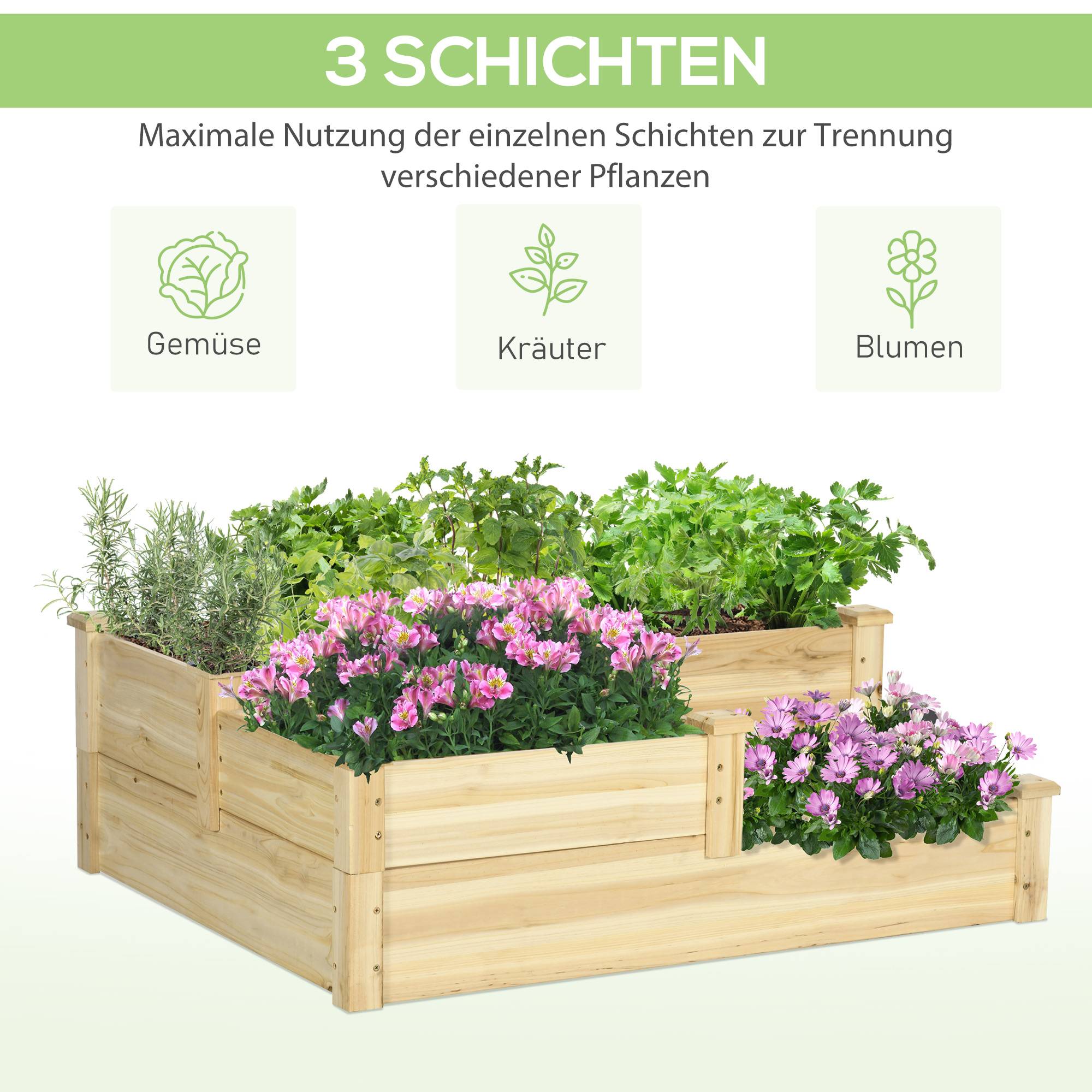 Potager escalier bois sapin jardin 3 bacs culture racines profondes 108x88x36cm naturel - ComfortXL Outdoor Living - Image 6