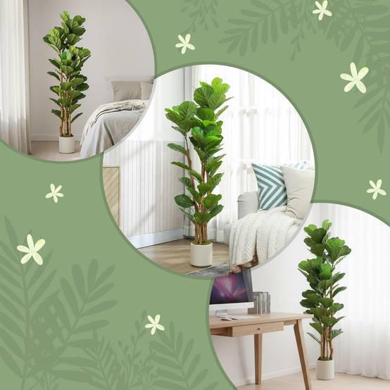 Plante artificielle intérieure 150 cm Figuier lyre arbre artificiel avec pot en plastique et tronc en bois massif - Image 9